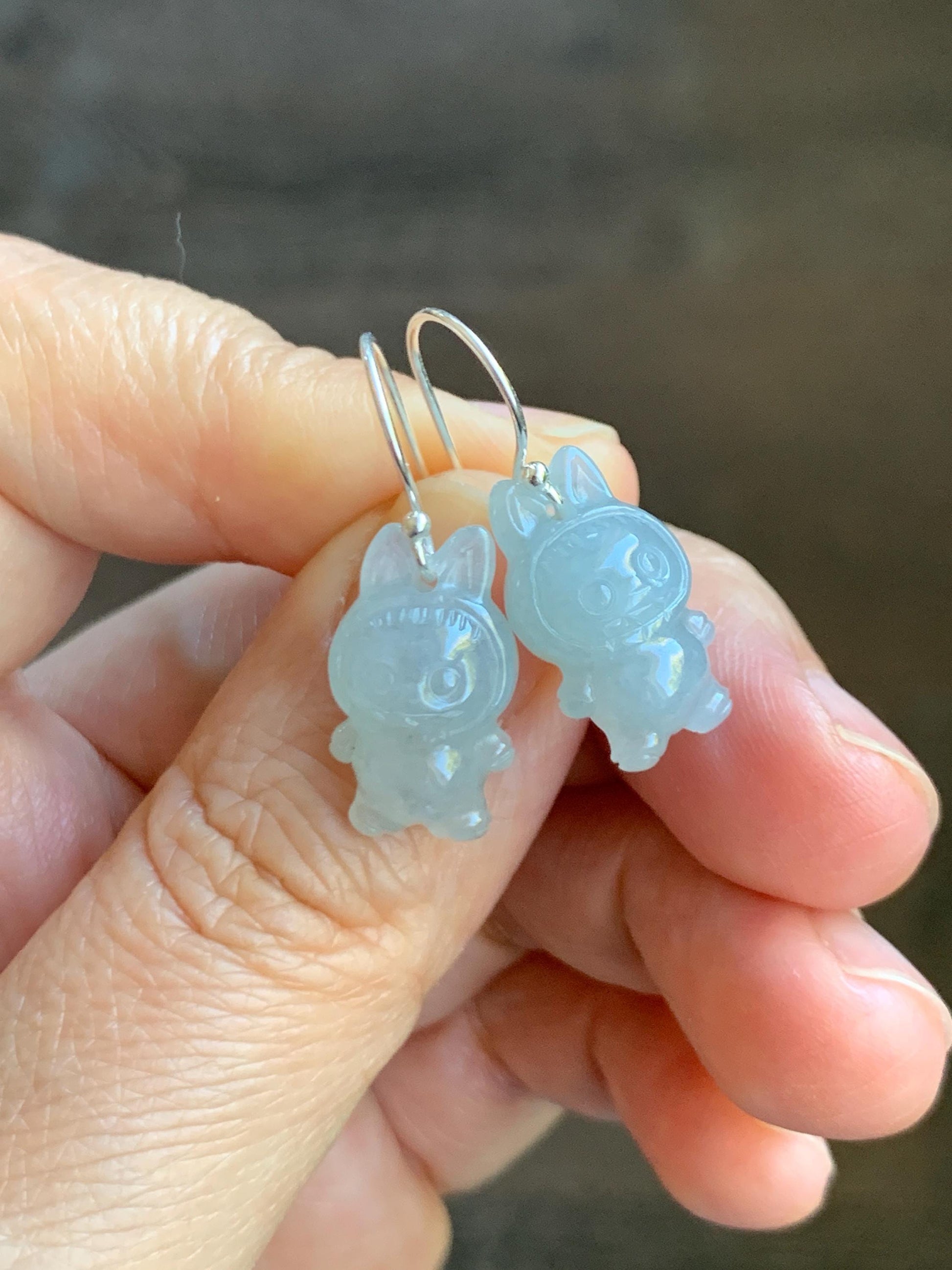 Natural Grade A Icy Translucent Pastel Blue Jade Jadeite Carved Monster Plush Earrings Sterling Silver 天然冰胶浅蓝底翡翠耳钩 ELBB88