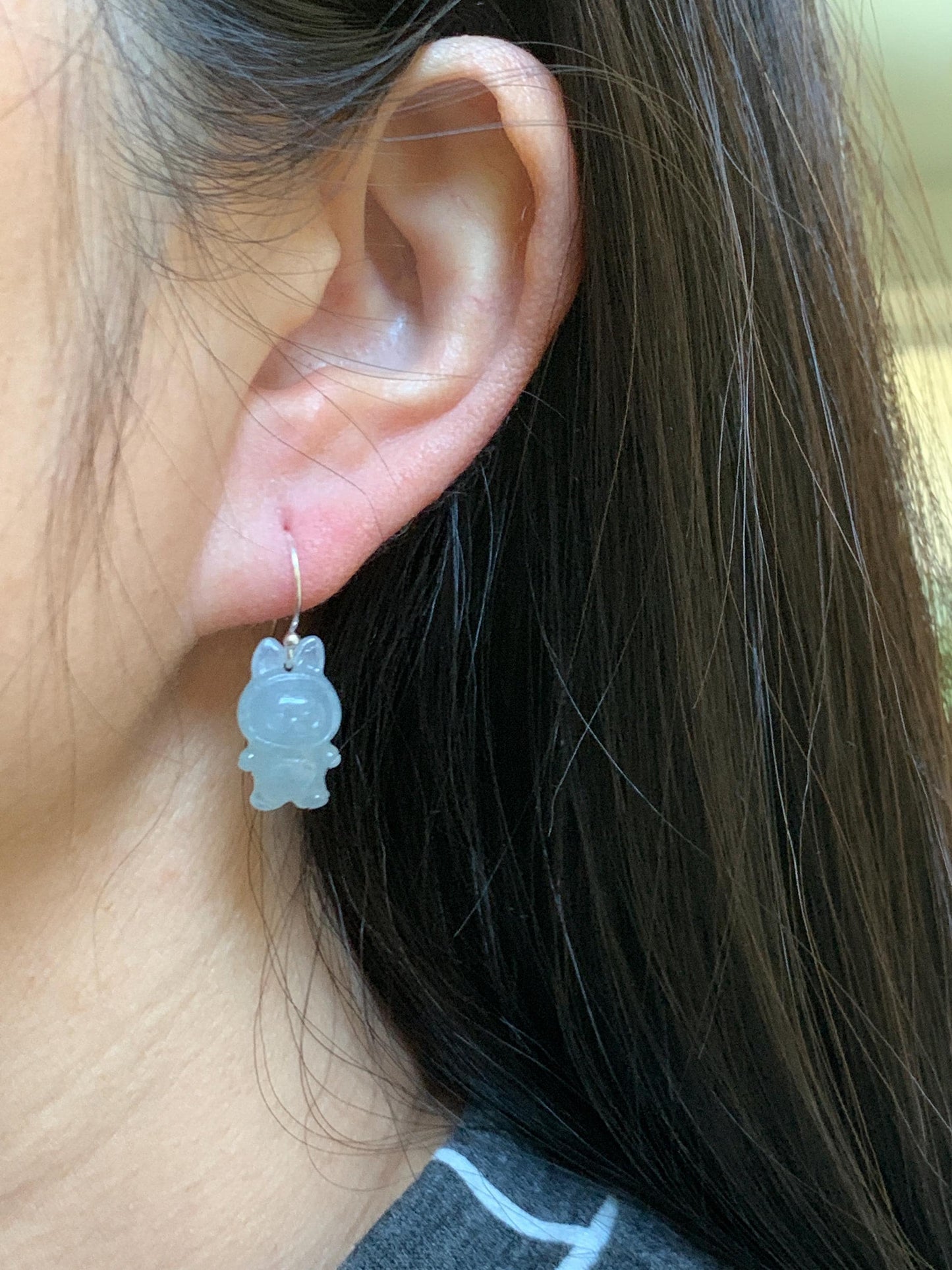 Natural Grade A Icy Translucent Pastel Blue Jade Jadeite Carved Monster Plush Earrings Sterling Silver 天然冰胶浅蓝底翡翠耳钩 ELBB88