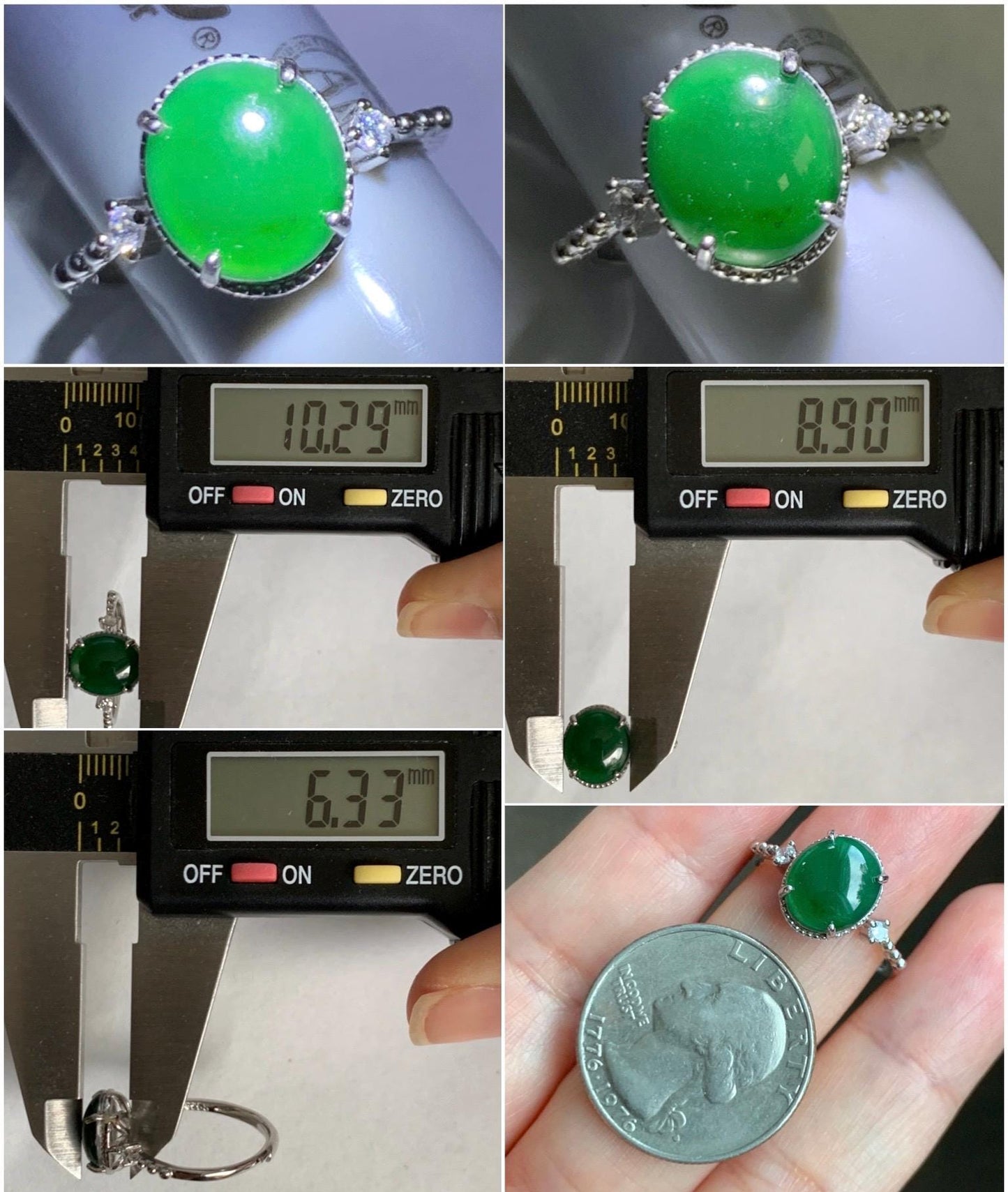 Natural Grade A Guatemalan Icy Translucent Dark Green Oval Cabochon Jade Jadeite Ring Sterling Silver Size Adjustable 天然冰危绿翡翠银镶戒指 WLW88A
