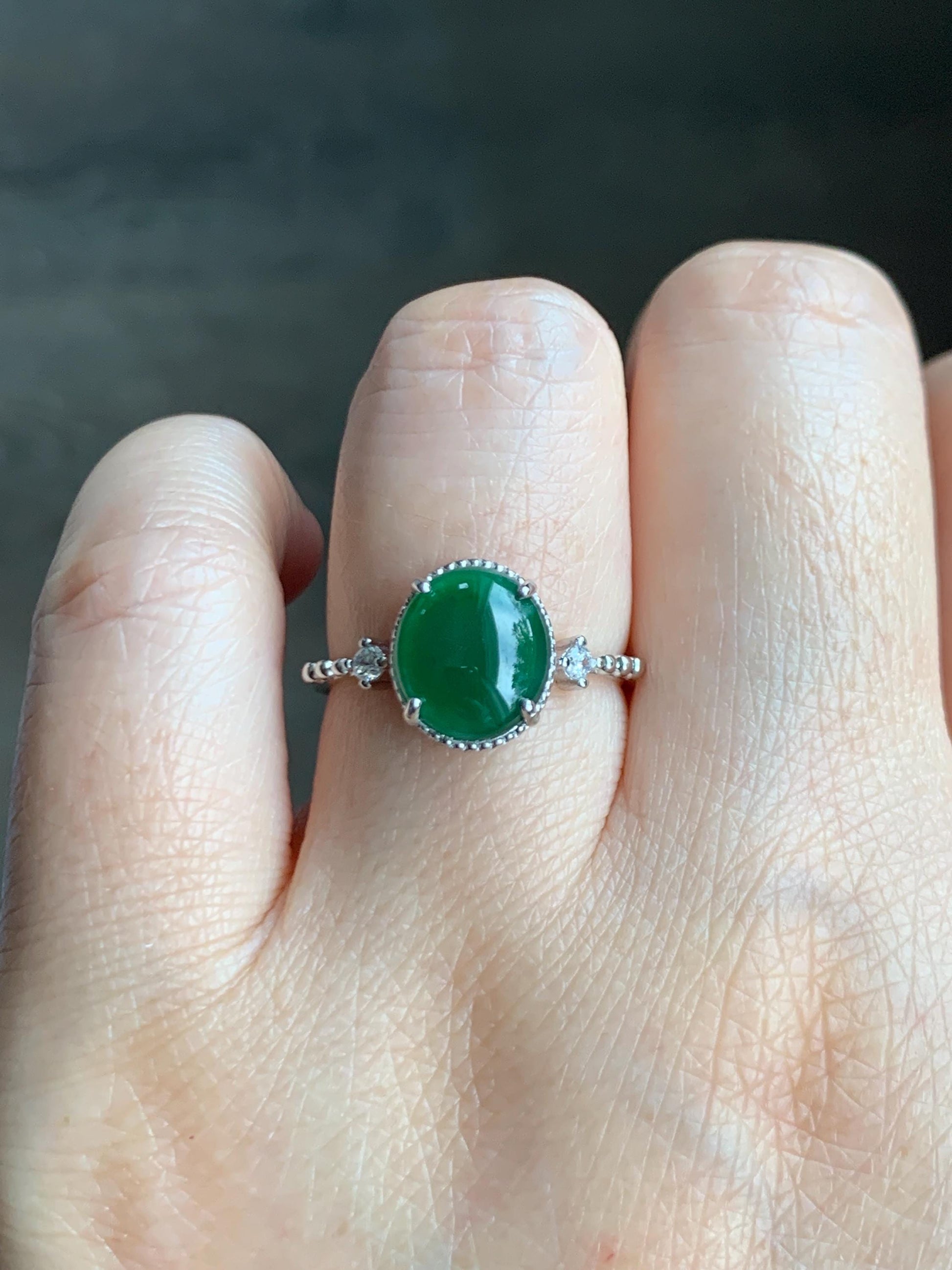 Natural Grade A Guatemalan Icy Translucent Dark Green Oval Cabochon Jade Jadeite Ring Sterling Silver Size Adjustable 天然冰危绿翡翠银镶戒指 WLW88A
