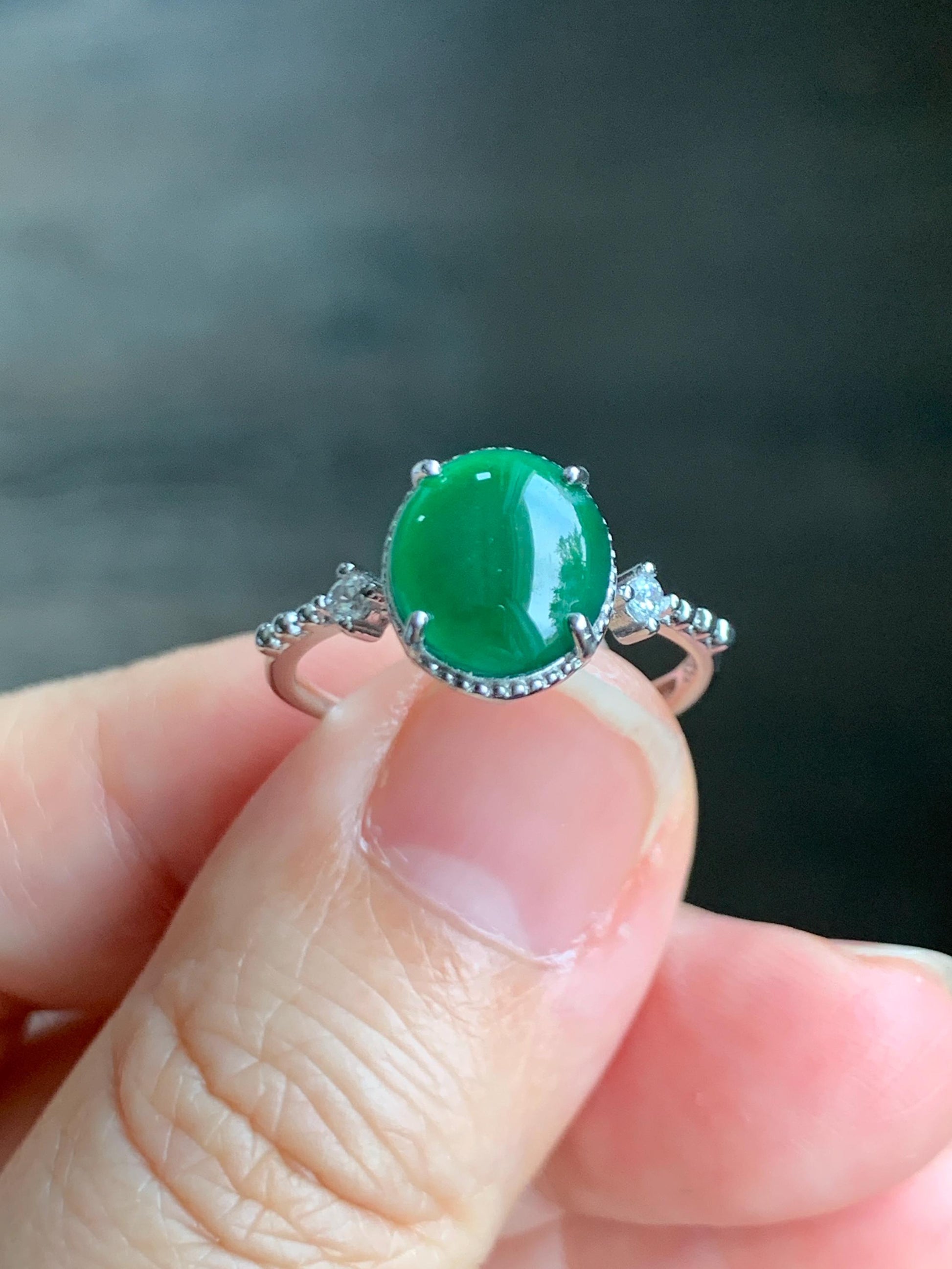 Natural Grade A Guatemalan Icy Translucent Dark Green Oval Cabochon Jade Jadeite Ring Sterling Silver Size Adjustable 天然冰危绿翡翠银镶戒指 WLW88A