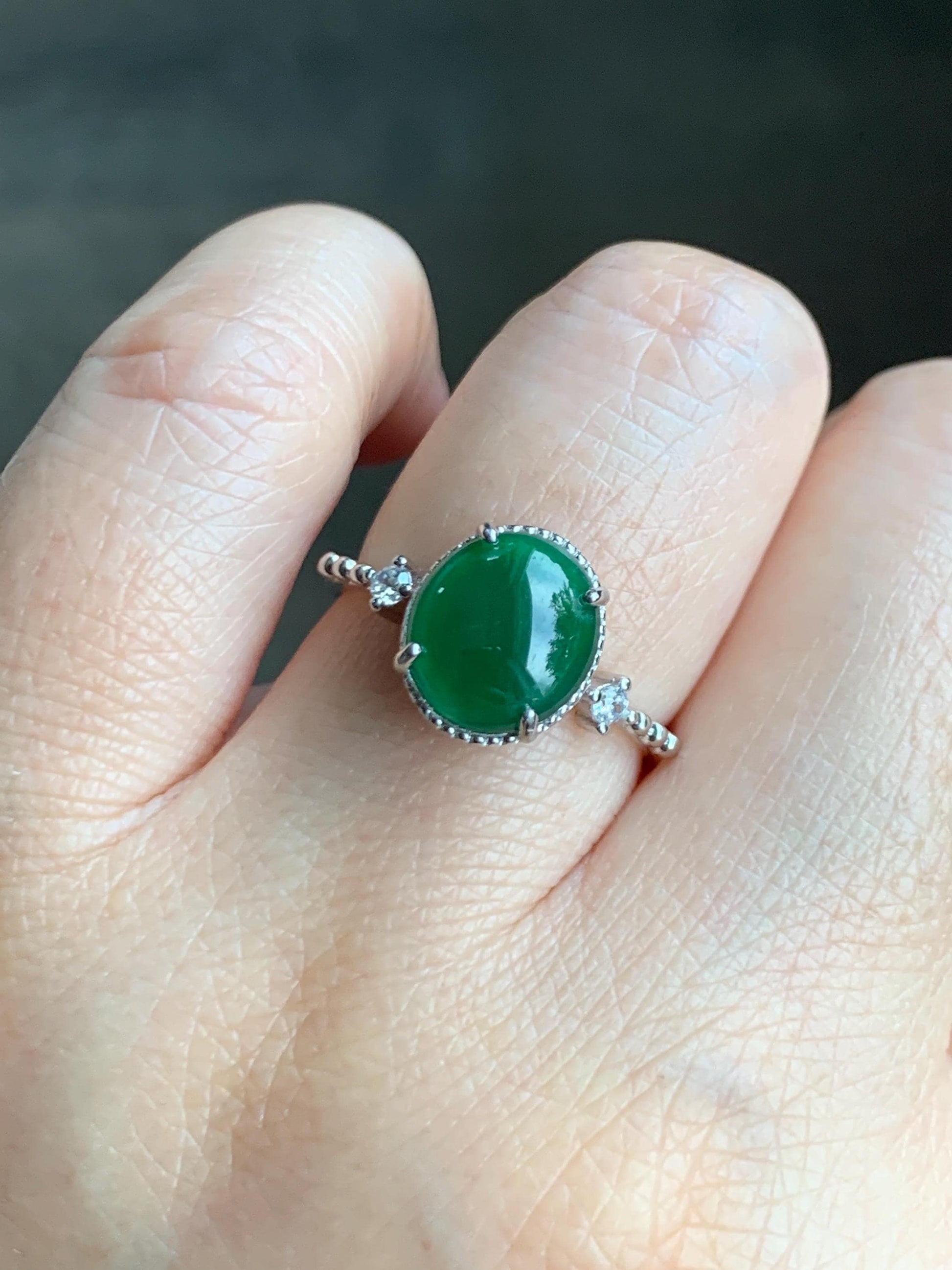 Natural Grade A Guatemalan Icy Translucent Dark Green Oval Cabochon Jade Jadeite Ring Sterling Silver Size Adjustable 天然冰危绿翡翠银镶戒指 WLW88A