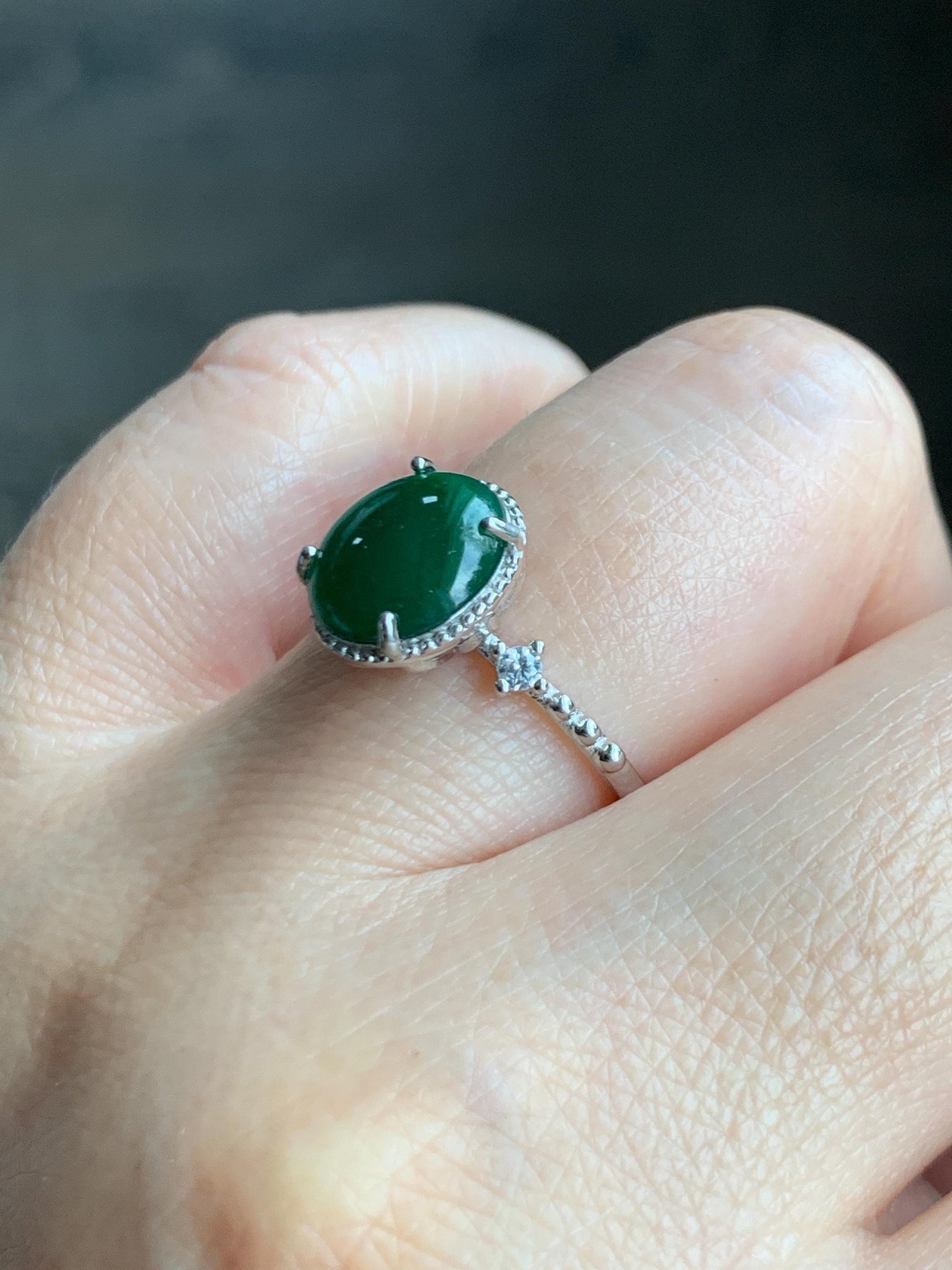 Natural Grade A Guatemalan Icy Translucent Dark Green Oval Cabochon Jade Jadeite Ring Sterling Silver Size Adjustable 天然冰危绿翡翠银镶戒指 WLW88A