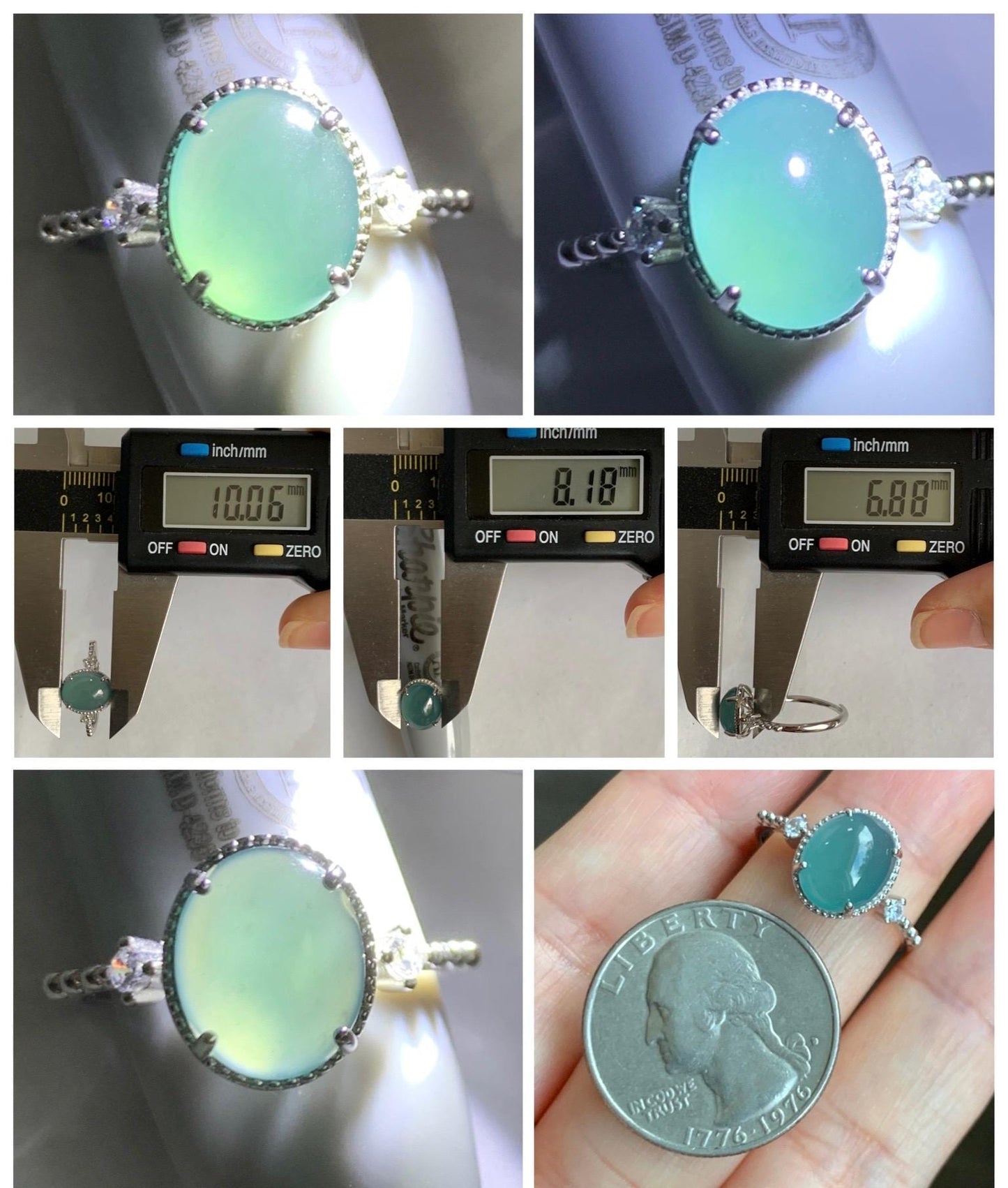 Natural Grade A Guatemalan Icy Translucent Dark Teal Oval Cabochon Jade Jadeite Ring Sterling Silver Size Adjustable 天然冰危蓝翡翠银镶戒指 WLW88B