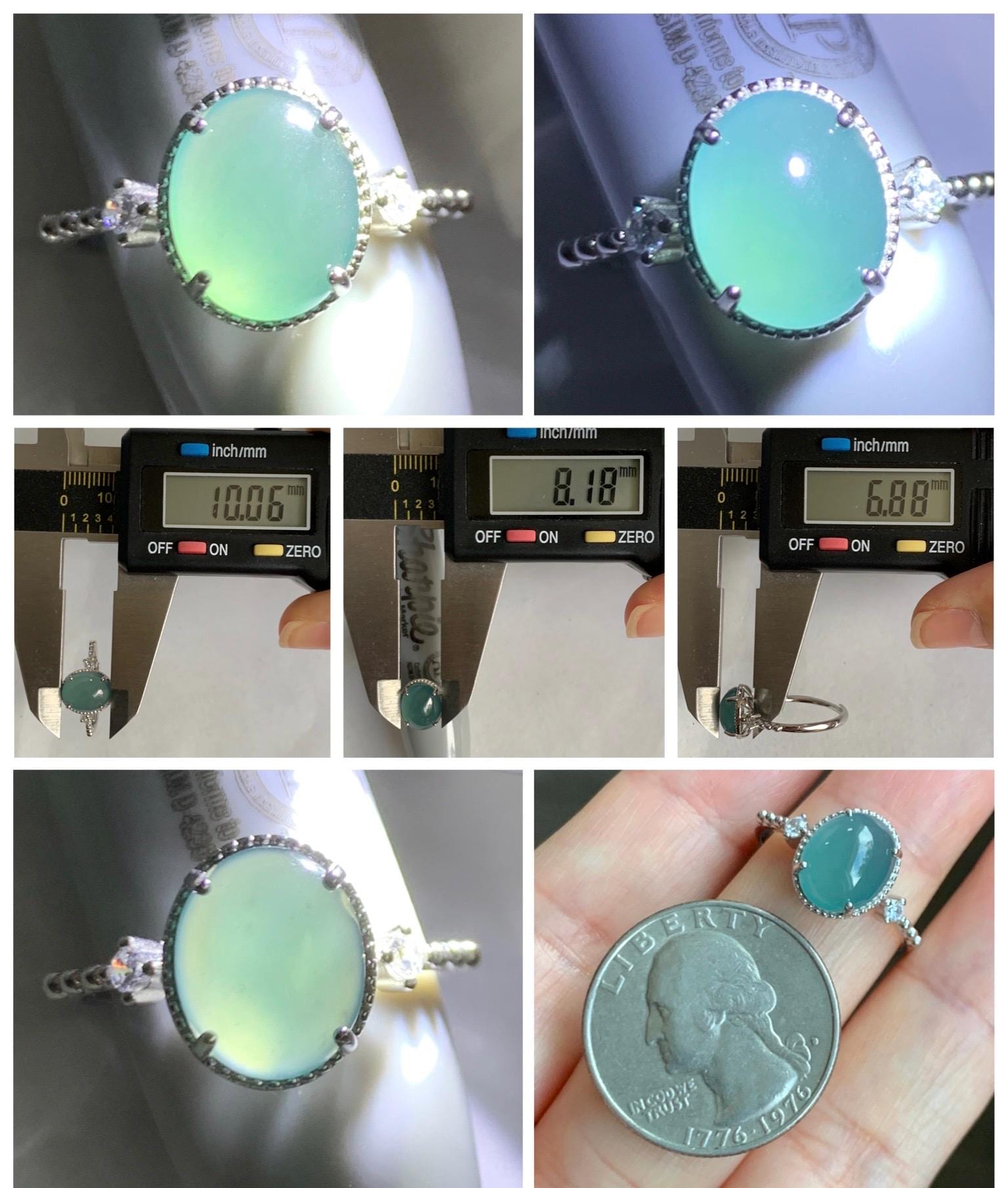 Natural Grade A Guatemalan Icy Translucent Dark Teal Oval Cabochon Jade Jadeite Ring Sterling Silver Size Adjustable 天然冰危蓝翡翠银镶戒指 WLW88B