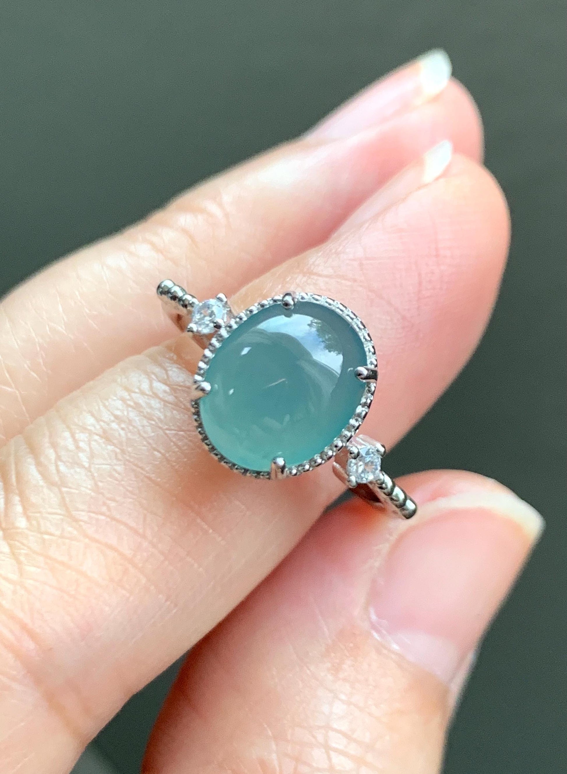 Natural Grade A Guatemalan Icy Translucent Dark Teal Oval Cabochon Jade Jadeite Ring Sterling Silver Size Adjustable 天然冰危蓝翡翠银镶戒指 WLW88B