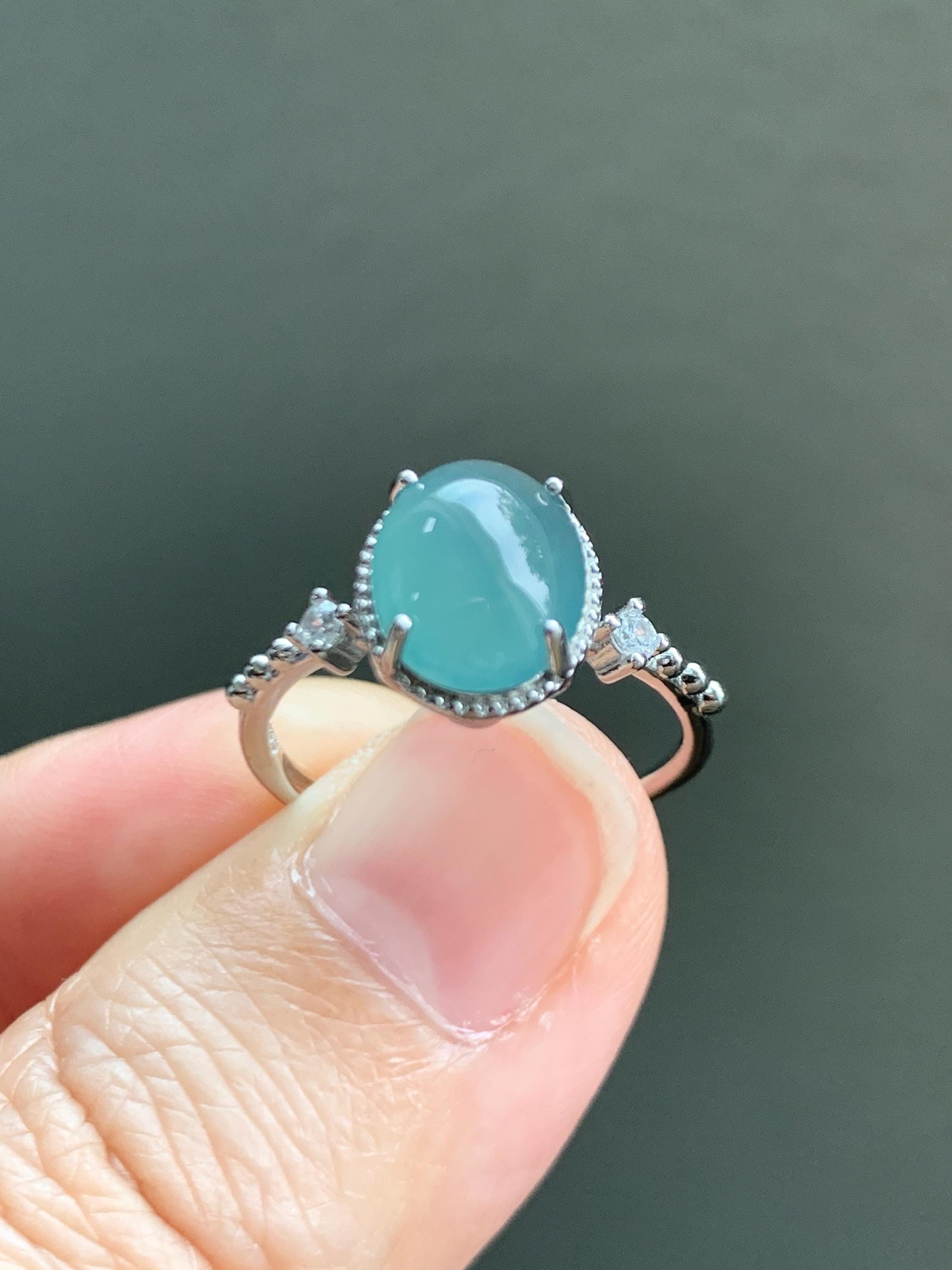 Natural Grade A Guatemalan Icy Translucent Dark Teal Oval Cabochon Jade Jadeite Ring Sterling Silver Size Adjustable 天然冰危蓝翡翠银镶戒指 WLW88B