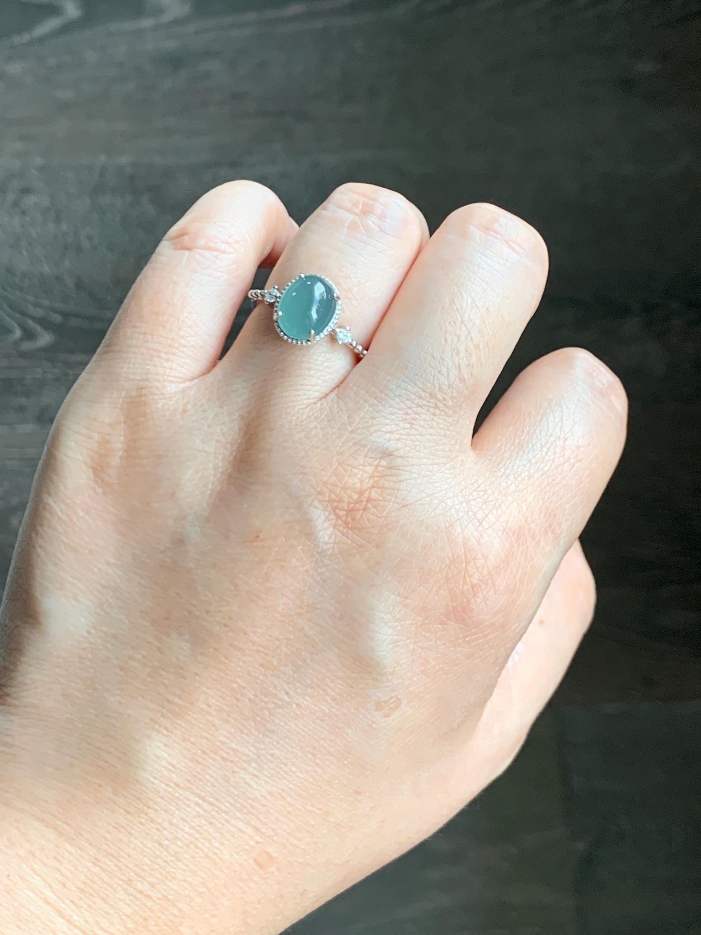 Natural Grade A Guatemalan Icy Translucent Dark Teal Oval Cabochon Jade Jadeite Ring Sterling Silver Size Adjustable 天然冰危蓝翡翠银镶戒指 WLW88B