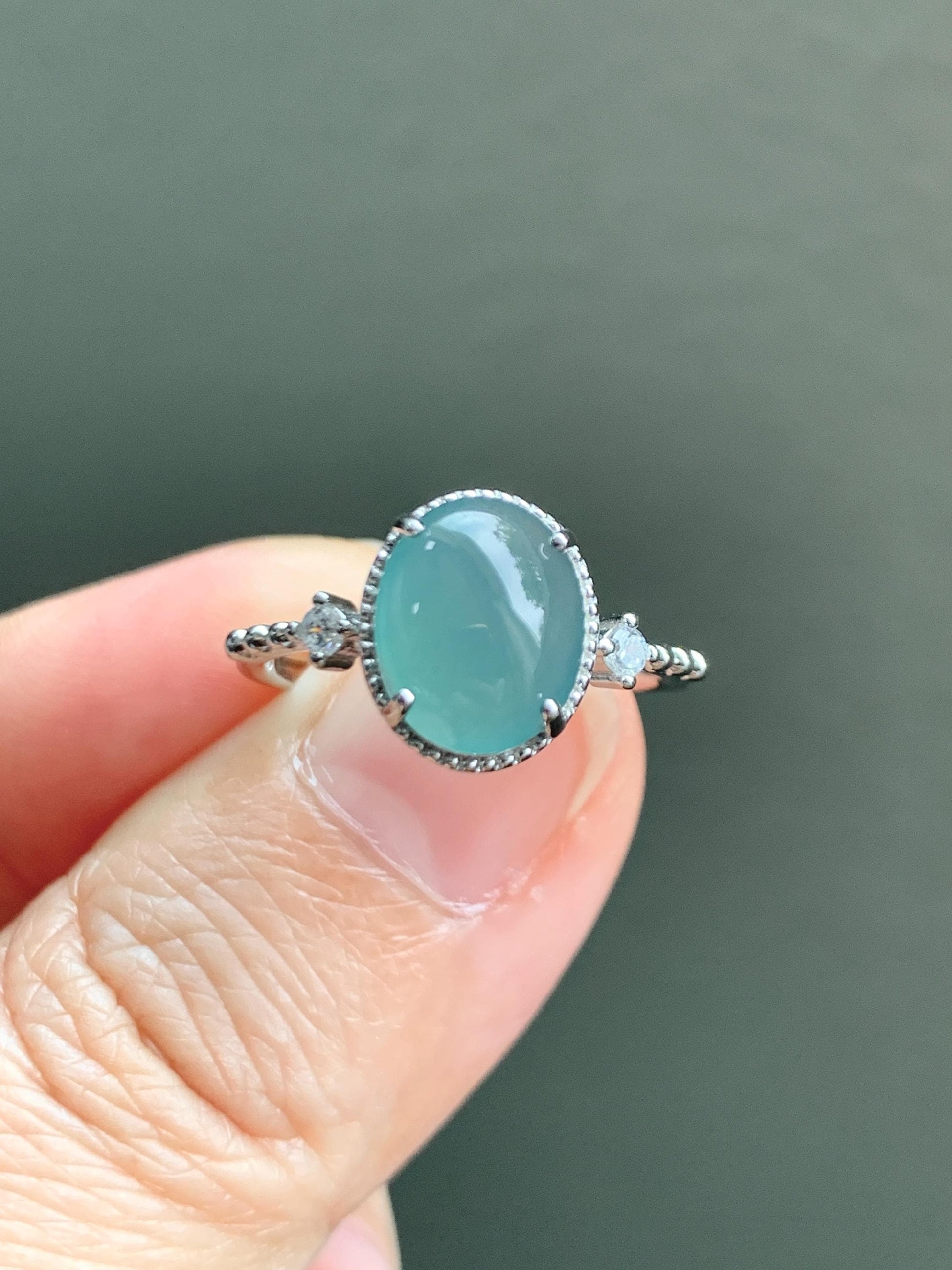 Natural Grade A Guatemalan Icy Translucent Dark Teal Oval Cabochon Jade Jadeite Ring Sterling Silver Size Adjustable 天然冰危蓝翡翠银镶戒指 WLW88B