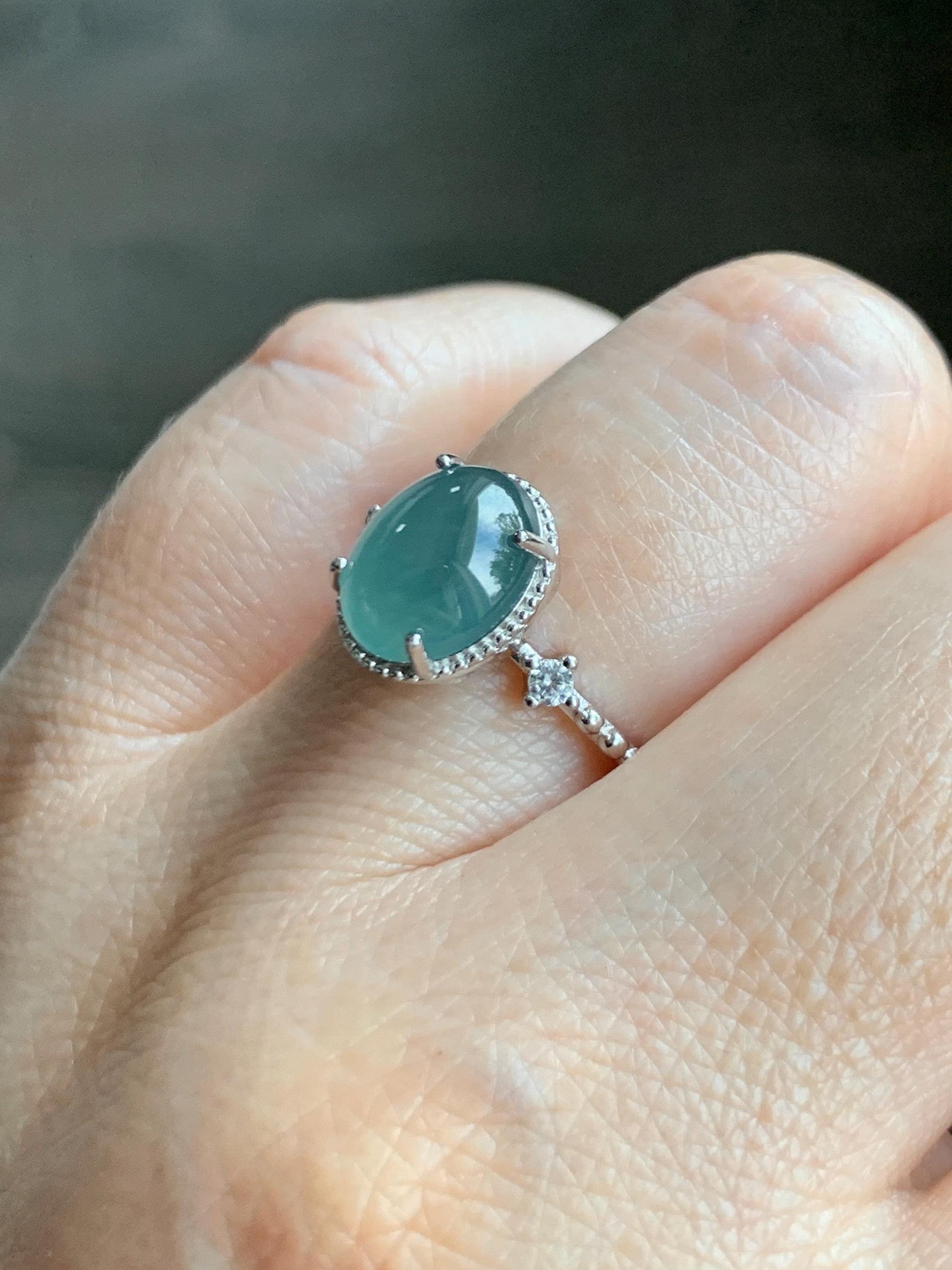 Natural Grade A Guatemalan Icy Translucent Dark Teal Oval Cabochon Jade Jadeite Ring Sterling Silver Size Adjustable 天然冰危蓝翡翠银镶戒指 WLW88B