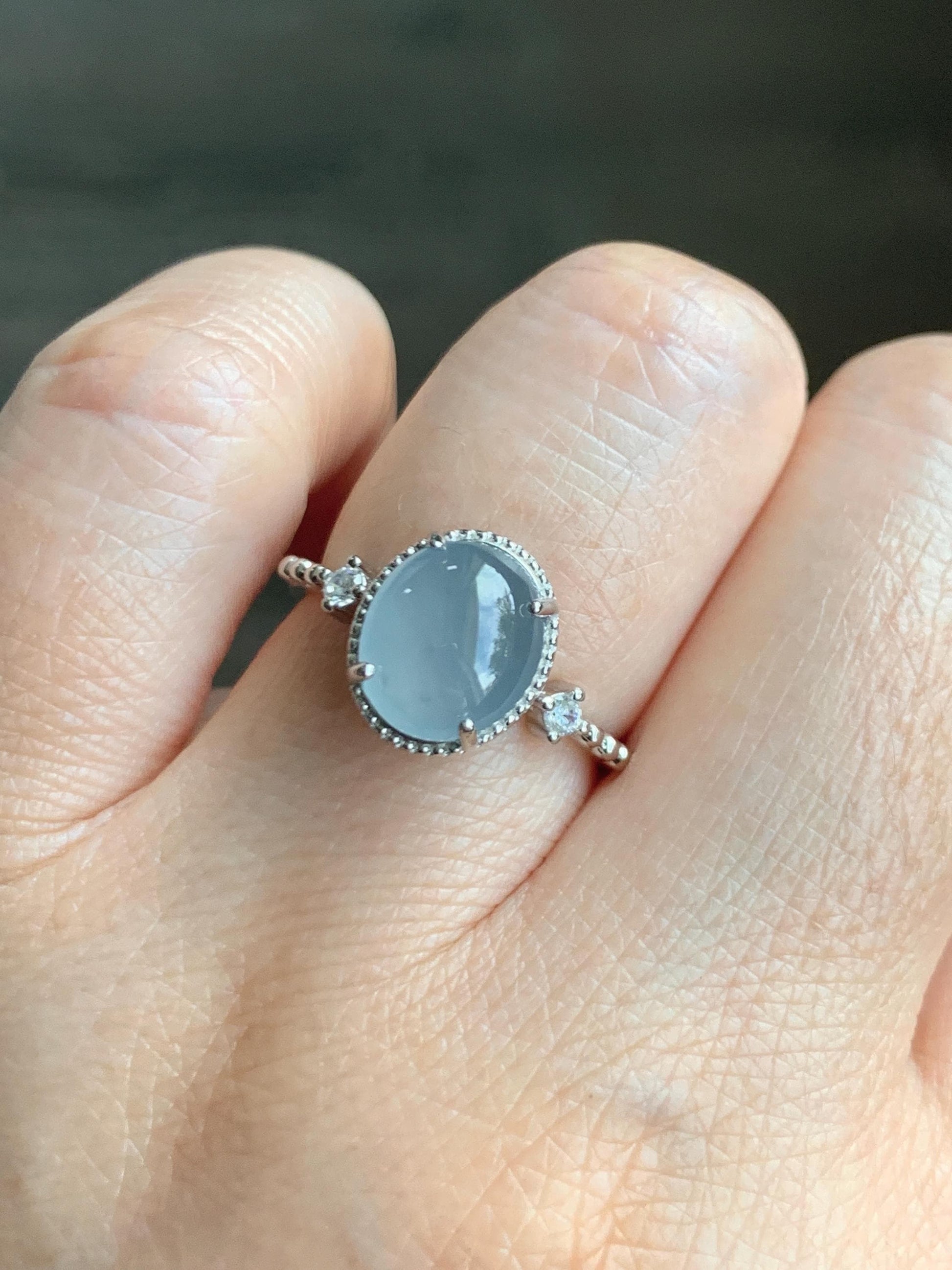 Natural Grade A Guatemalan Icy Translucent Light Blue Oval Cabochon Jade Jadeite Ring Sterling Silver Size Adjustable 天然冰危淡蓝翡翠银镶戒指 WLW88C