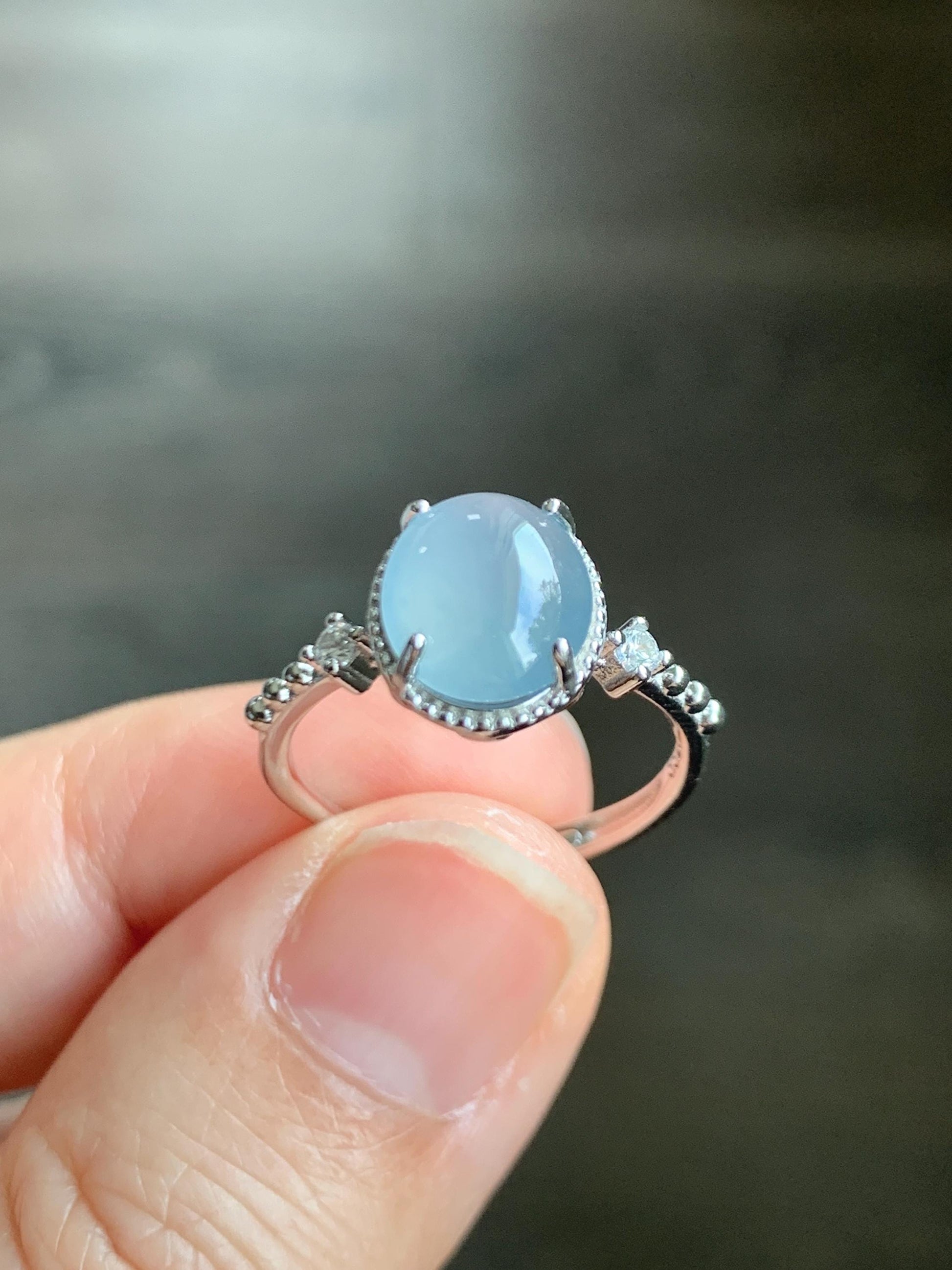 Natural Grade A Guatemalan Icy Translucent Light Blue Oval Cabochon Jade Jadeite Ring Sterling Silver Size Adjustable 天然冰危淡蓝翡翠银镶戒指 WLW88C
