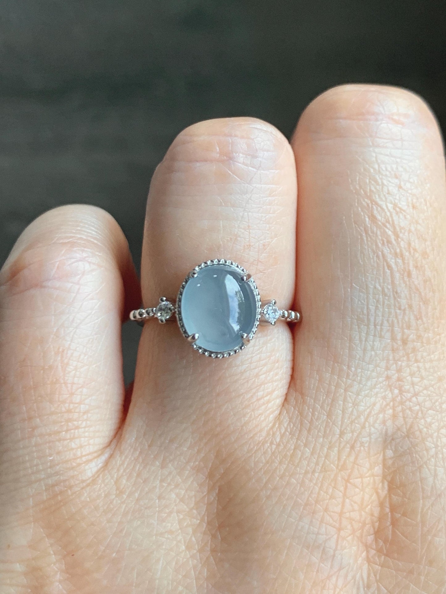 Natural Grade A Guatemalan Icy Translucent Light Blue Oval Cabochon Jade Jadeite Ring Sterling Silver Size Adjustable 天然冰危淡蓝翡翠银镶戒指 WLW88C