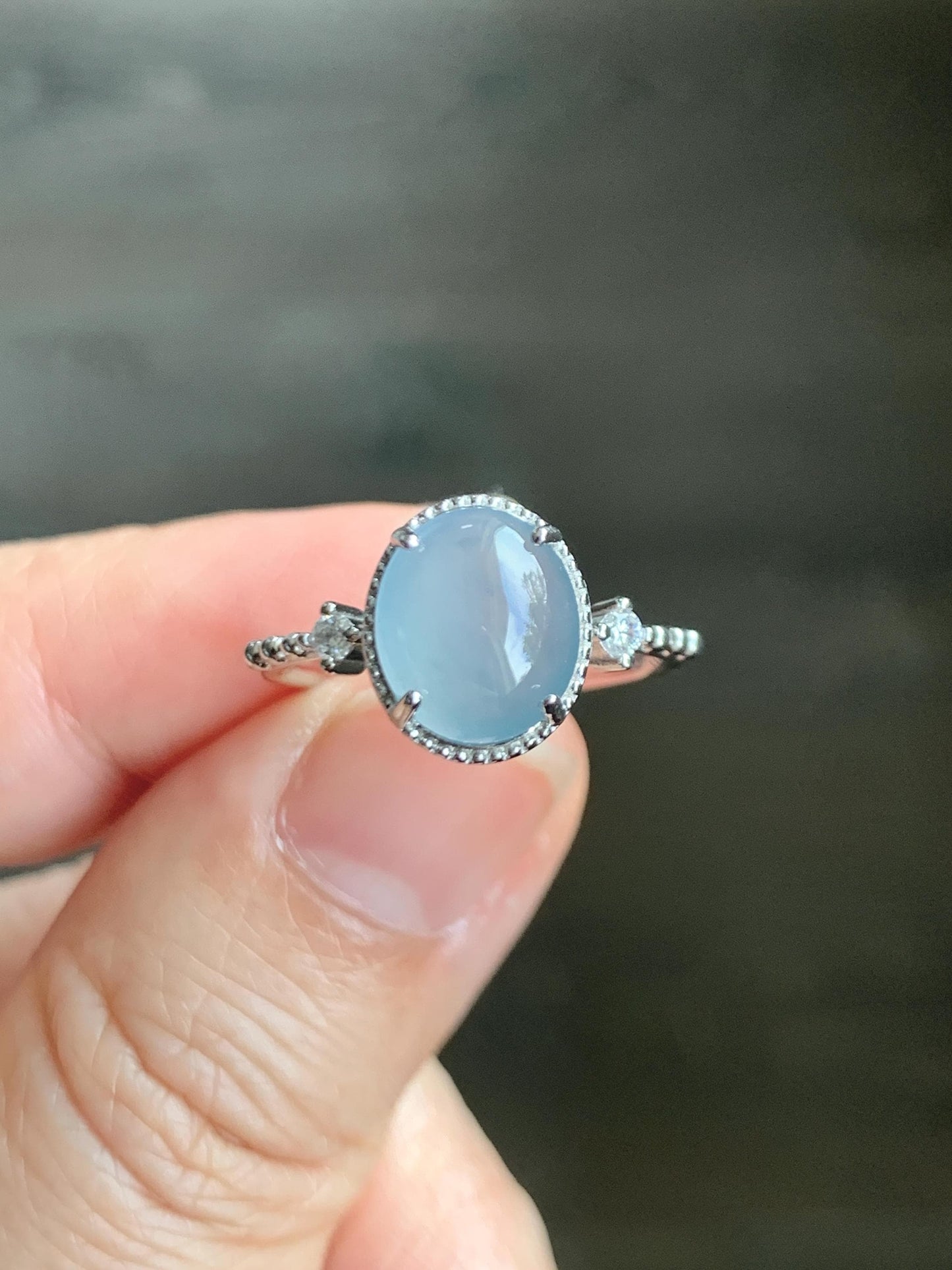 Natural Grade A Guatemalan Icy Translucent Light Blue Oval Cabochon Jade Jadeite Ring Sterling Silver Size Adjustable 天然冰危淡蓝翡翠银镶戒指 WLW88C