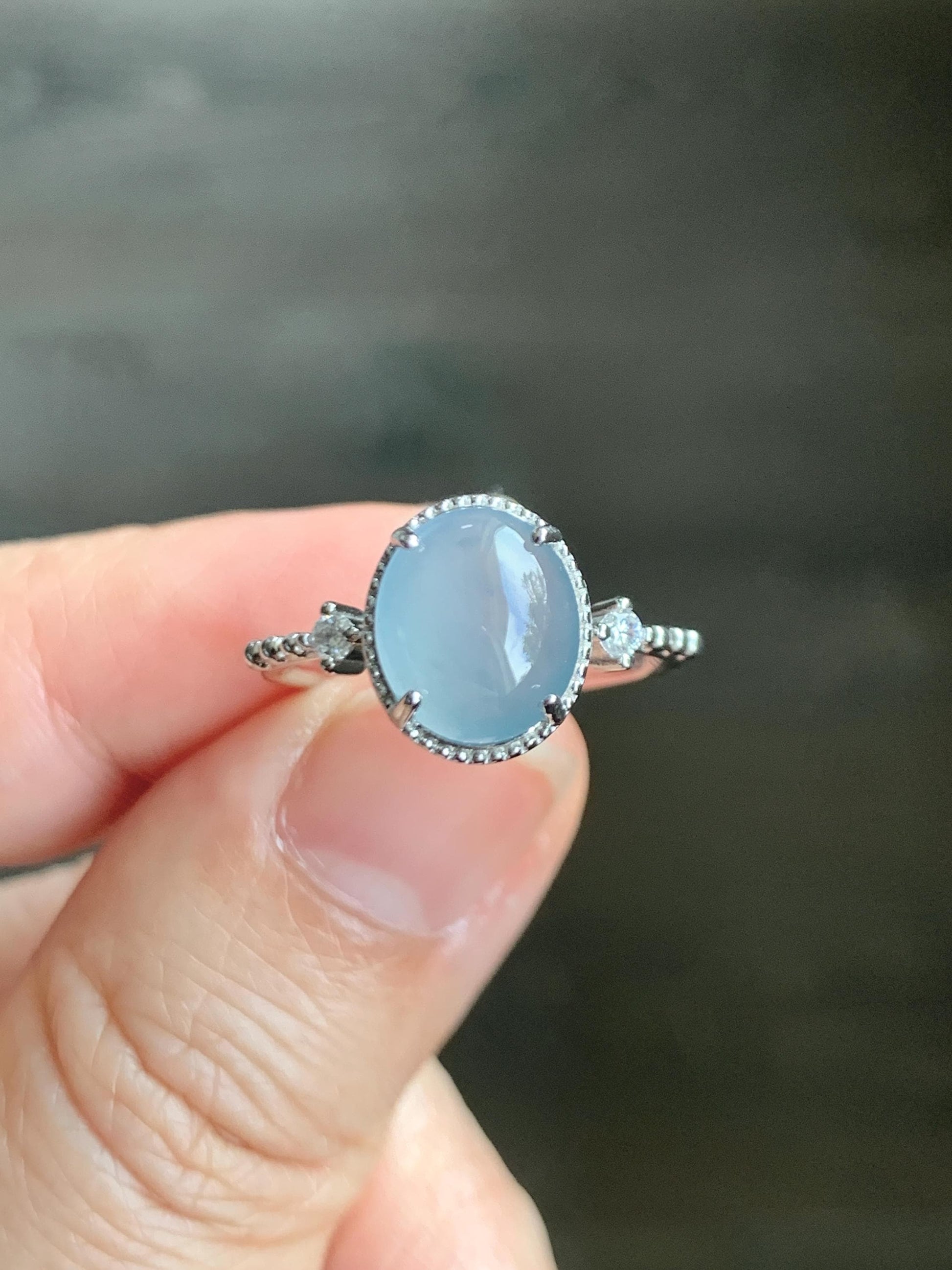Natural Grade A Guatemalan Icy Translucent Light Blue Oval Cabochon Jade Jadeite Ring Sterling Silver Size Adjustable 天然冰危淡蓝翡翠银镶戒指 WLW88C
