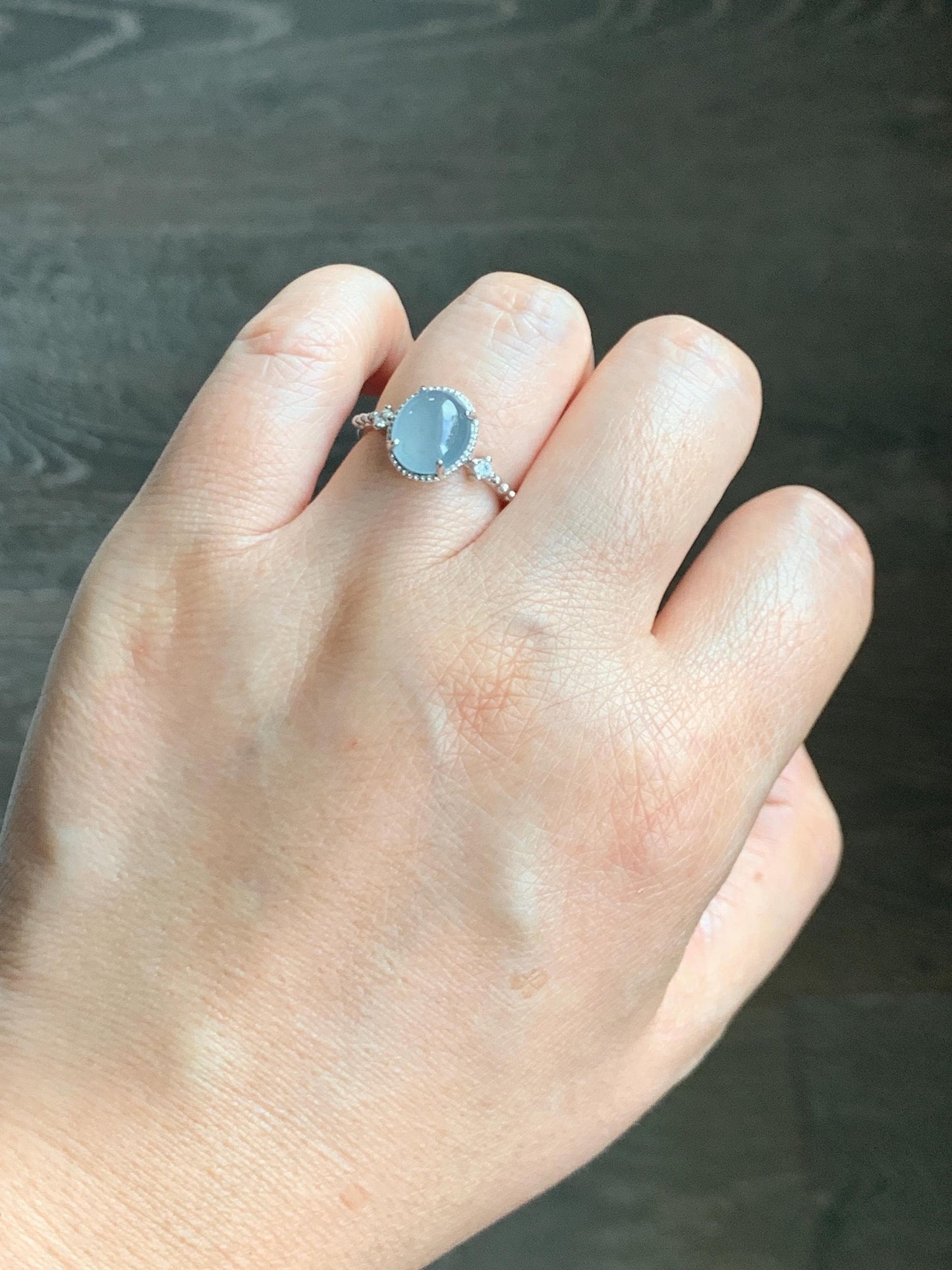 Natural Grade A Guatemalan Icy Translucent Light Blue Oval Cabochon Jade Jadeite Ring Sterling Silver Size Adjustable 天然冰危淡蓝翡翠银镶戒指 WLW88C