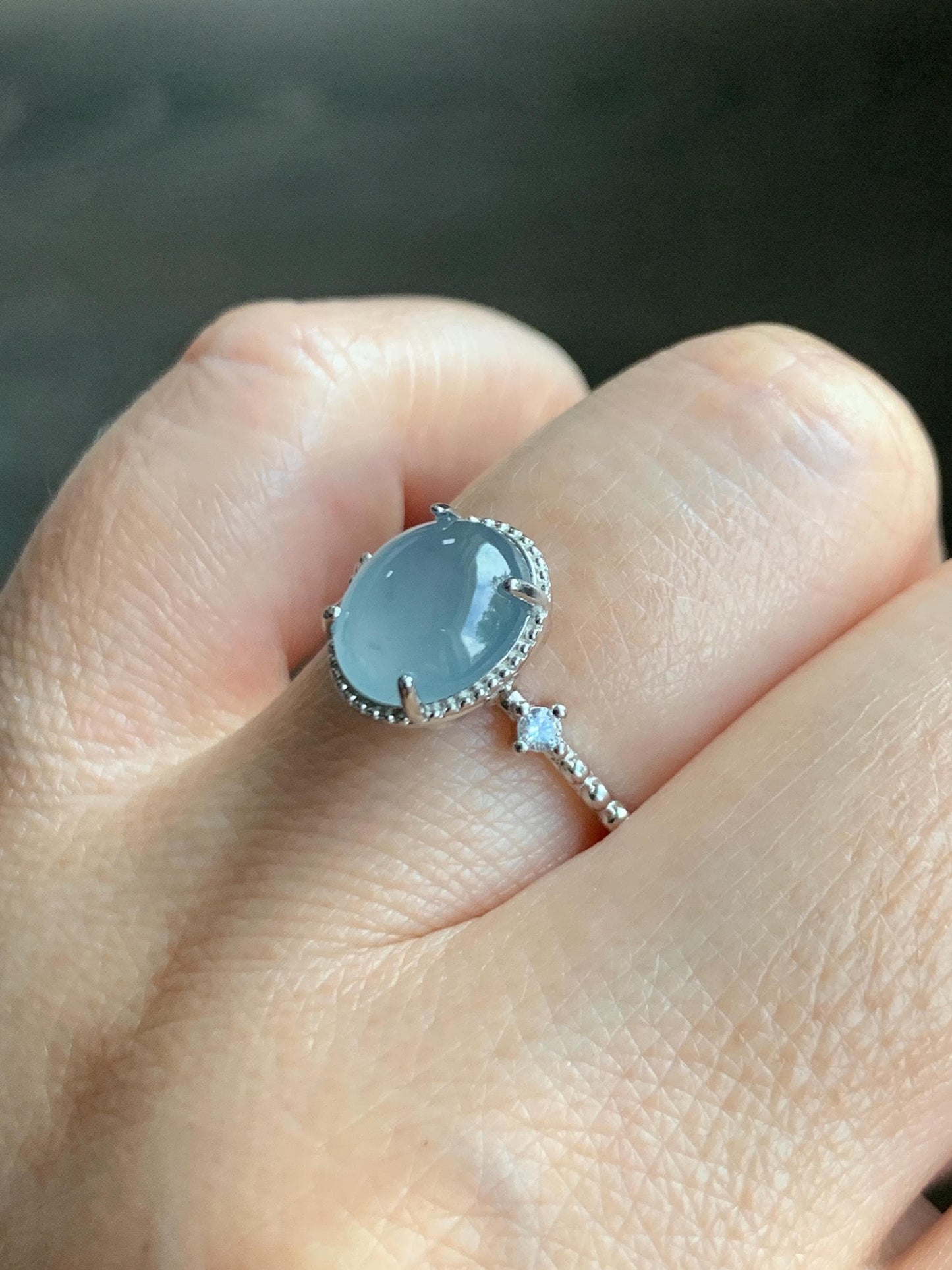 Natural Grade A Guatemalan Icy Translucent Light Blue Oval Cabochon Jade Jadeite Ring Sterling Silver Size Adjustable 天然冰危淡蓝翡翠银镶戒指 WLW88C