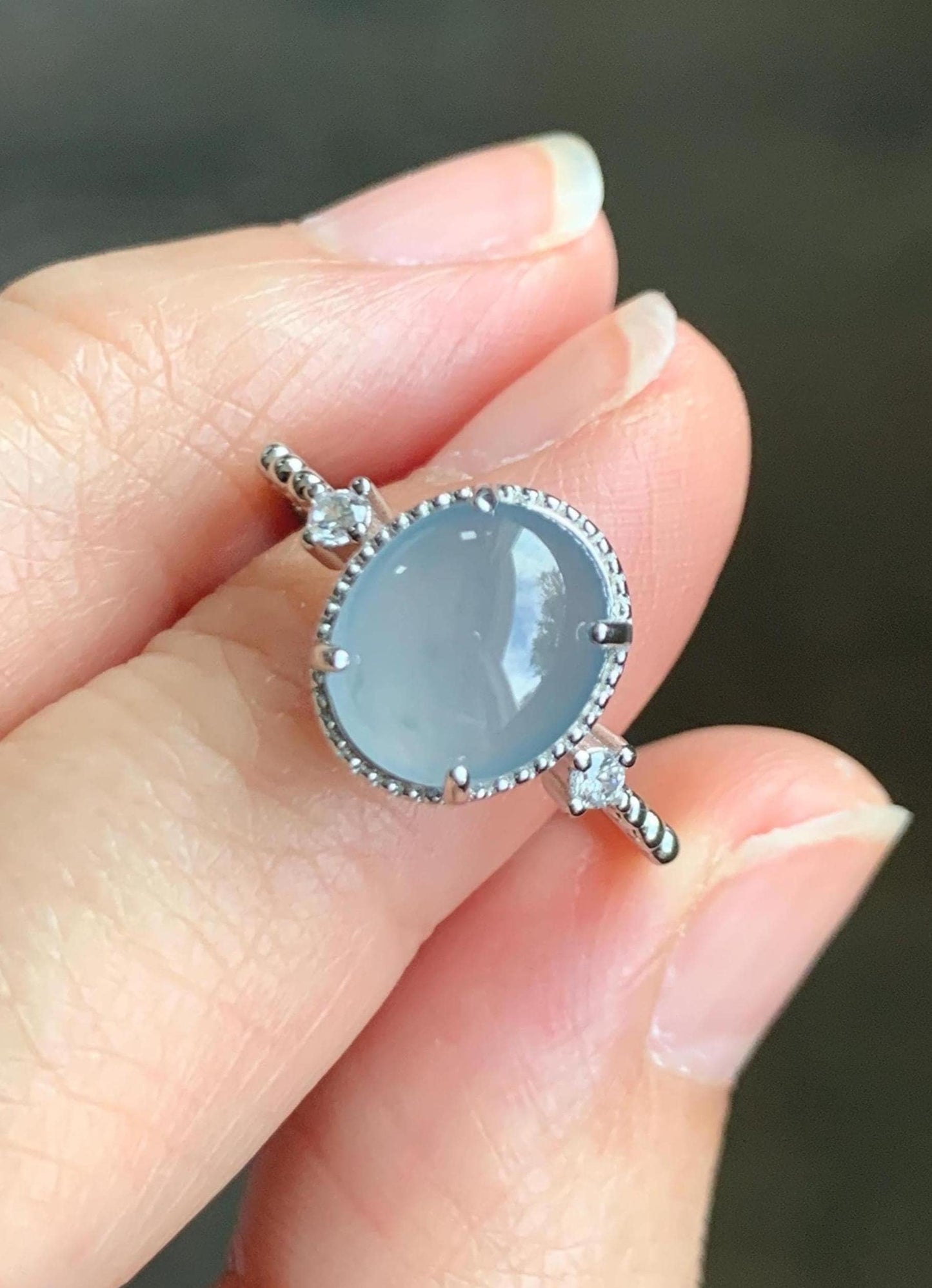 Natural Grade A Guatemalan Icy Translucent Light Blue Oval Cabochon Jade Jadeite Ring Sterling Silver Size Adjustable 天然冰危淡蓝翡翠银镶戒指 WLW88C