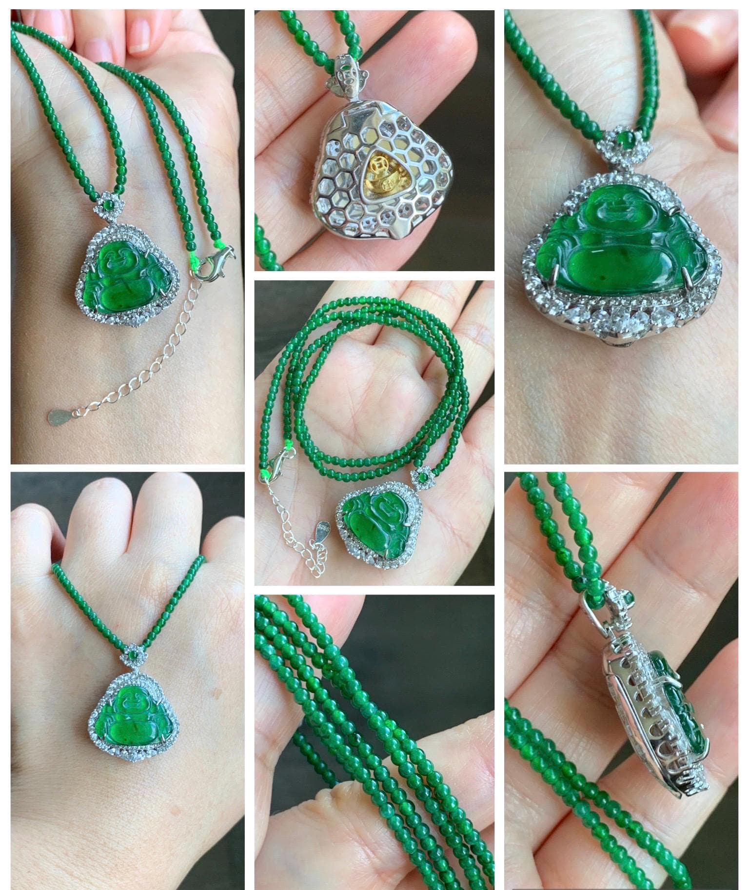 Certified Natural Guatemalan Icy Translucent Vibrant Green Jade Jadeite Buddha Pendant Sterling Silver Beaded Necklace 天然冰危绿翡翠佛公吊坠绿翡翠珠项链 756