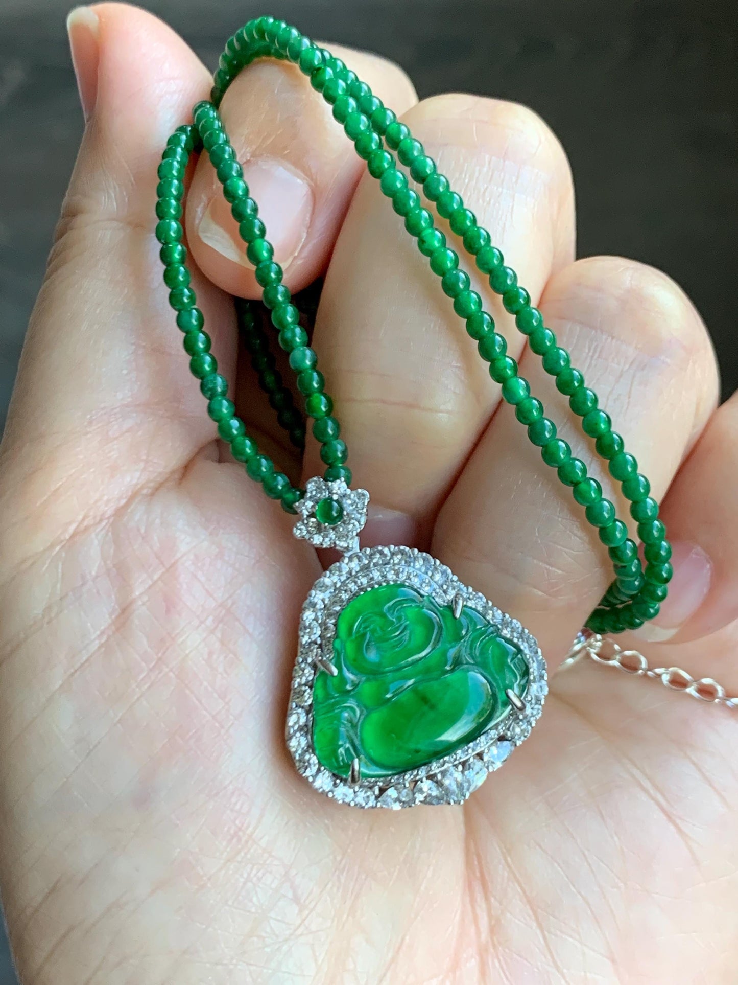 Certified Natural Guatemalan Icy Translucent Vibrant Green Jade Jadeite Buddha Pendant Sterling Silver Beaded Necklace 天然冰危绿翡翠佛公吊坠绿翡翠珠项链 756
