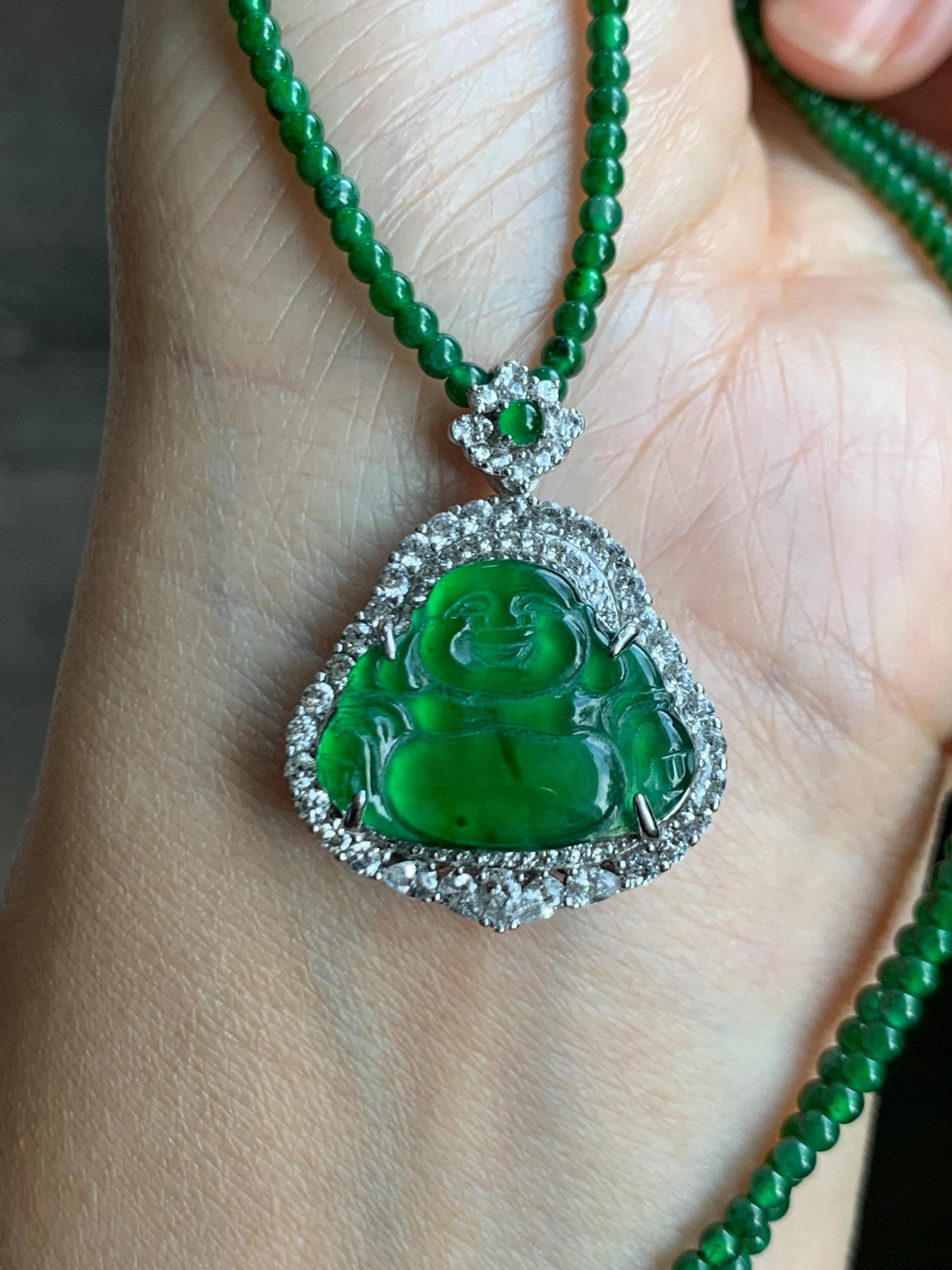 Certified Natural Guatemalan Icy Translucent Vibrant Green Jade Jadeite Buddha Pendant Sterling Silver Beaded Necklace 天然冰危绿翡翠佛公吊坠绿翡翠珠项链 756