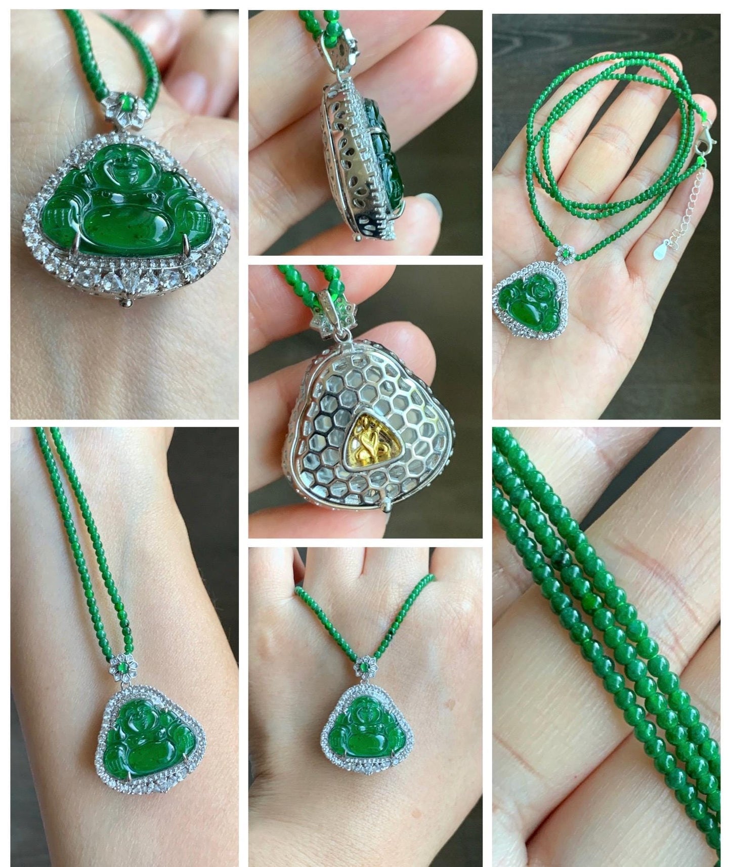 Certified Natural Guatemalan Icy Translucent Vibrant Green Jade Jadeite Buddha Pendant Sterling Silver Beaded Necklace 天然冰危绿翡翠佛公吊坠绿翡翠珠项链 755