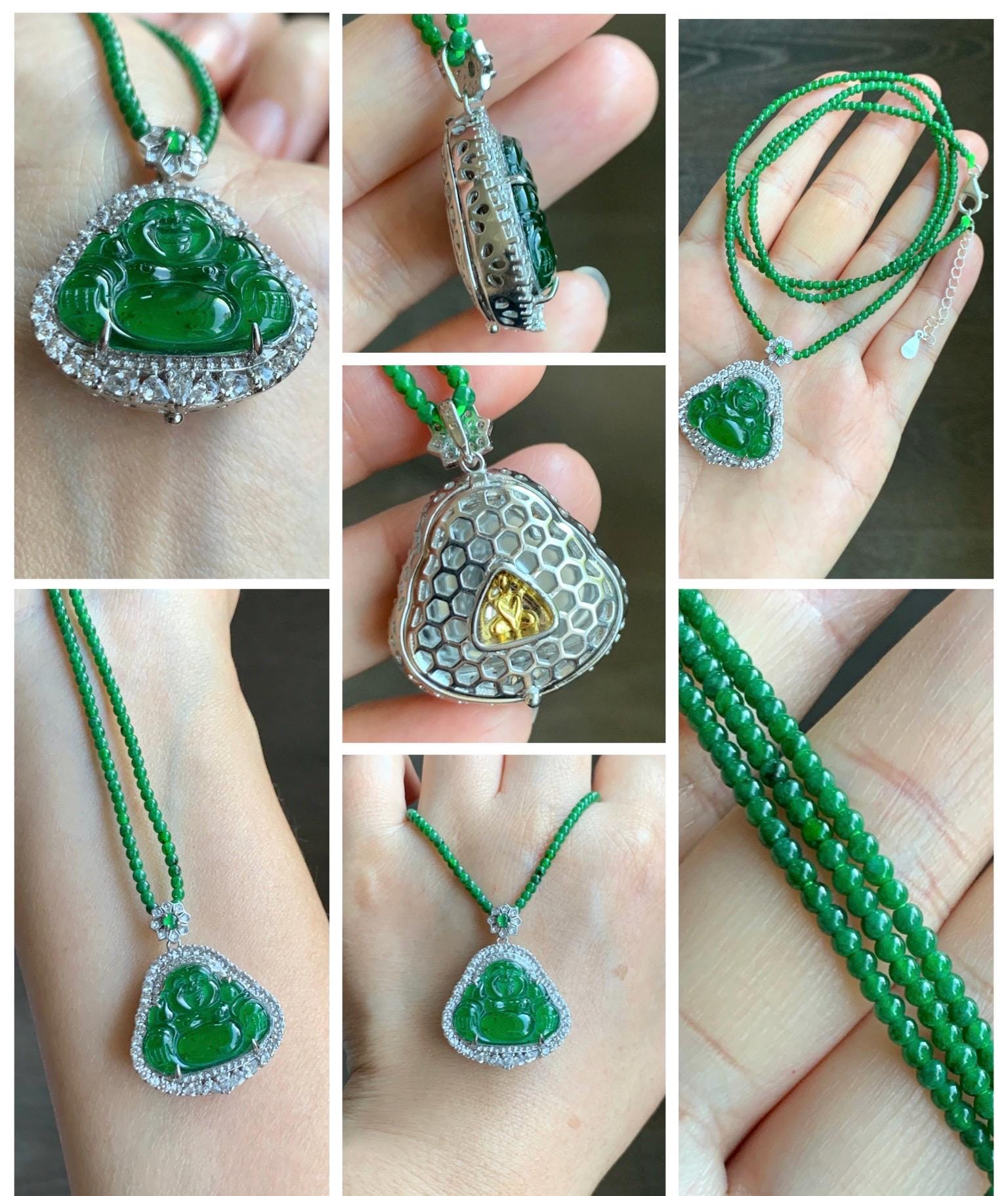 Certified Natural Guatemalan Icy Translucent Vibrant Green Jade Jadeite Buddha Pendant Sterling Silver Beaded Necklace 天然冰危绿翡翠佛公吊坠绿翡翠珠项链 755