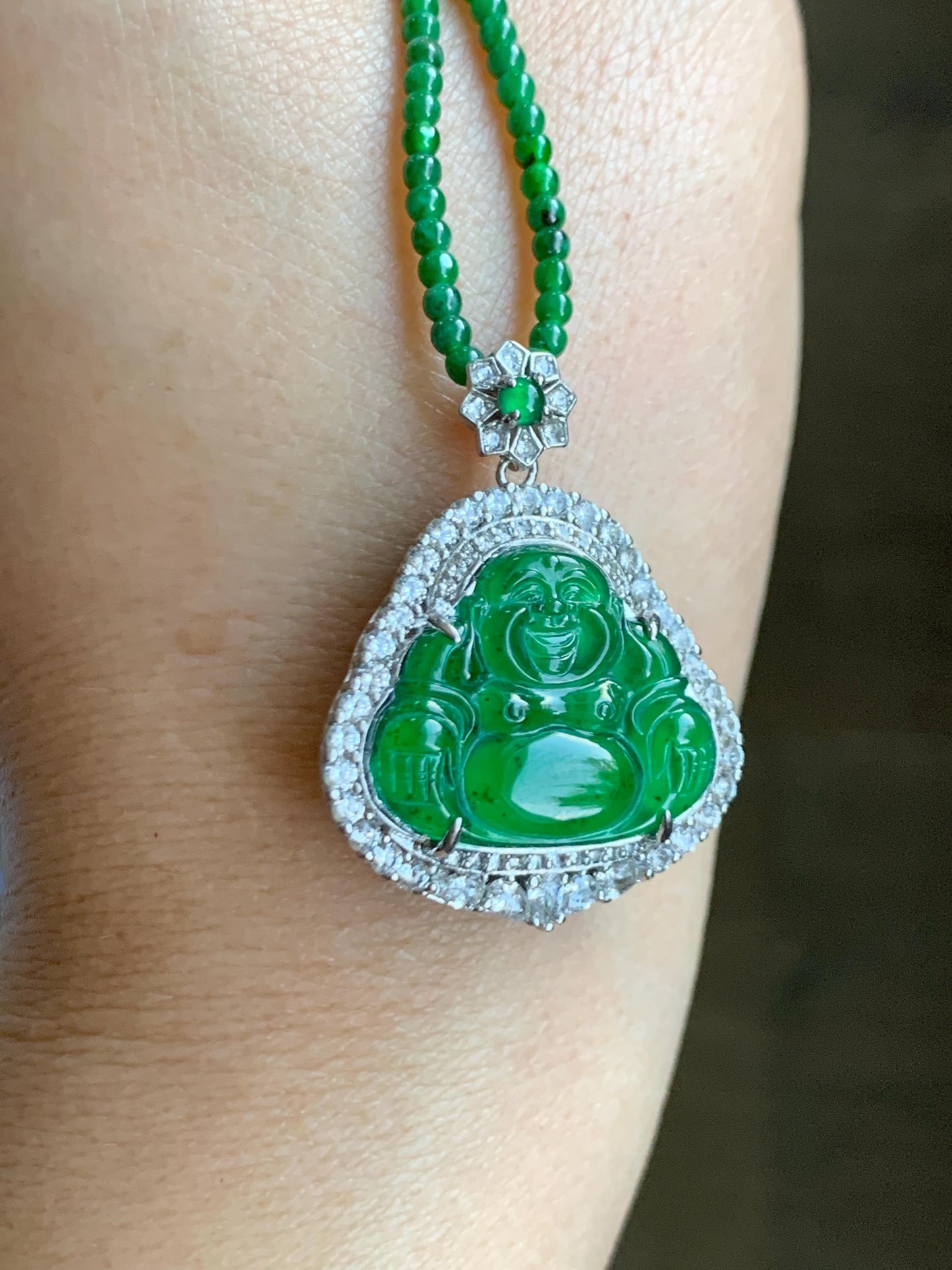 Certified Natural Guatemalan Icy Translucent Vibrant Green Jade Jadeite Buddha Pendant Sterling Silver Beaded Necklace 天然冰危绿翡翠佛公吊坠绿翡翠珠项链 755