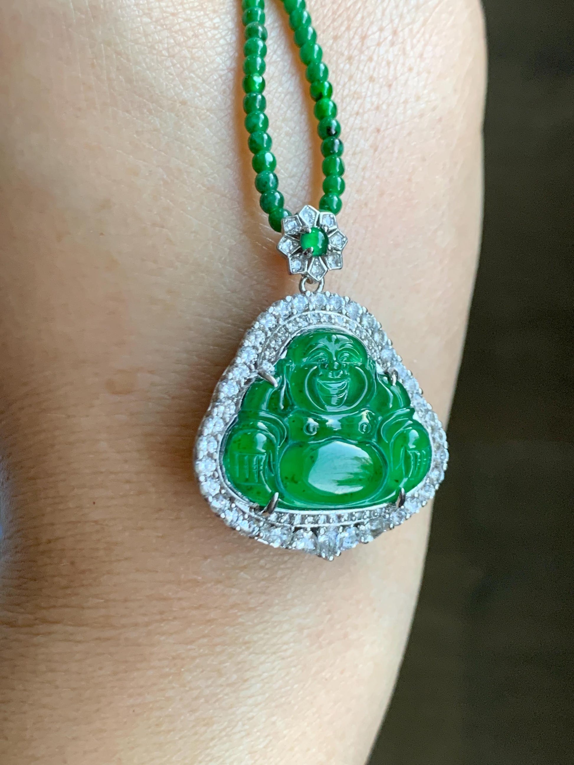 Certified Natural Guatemalan Icy Translucent Vibrant Green Jade Jadeite Buddha Pendant Sterling Silver Beaded Necklace 天然冰危绿翡翠佛公吊坠绿翡翠珠项链 755