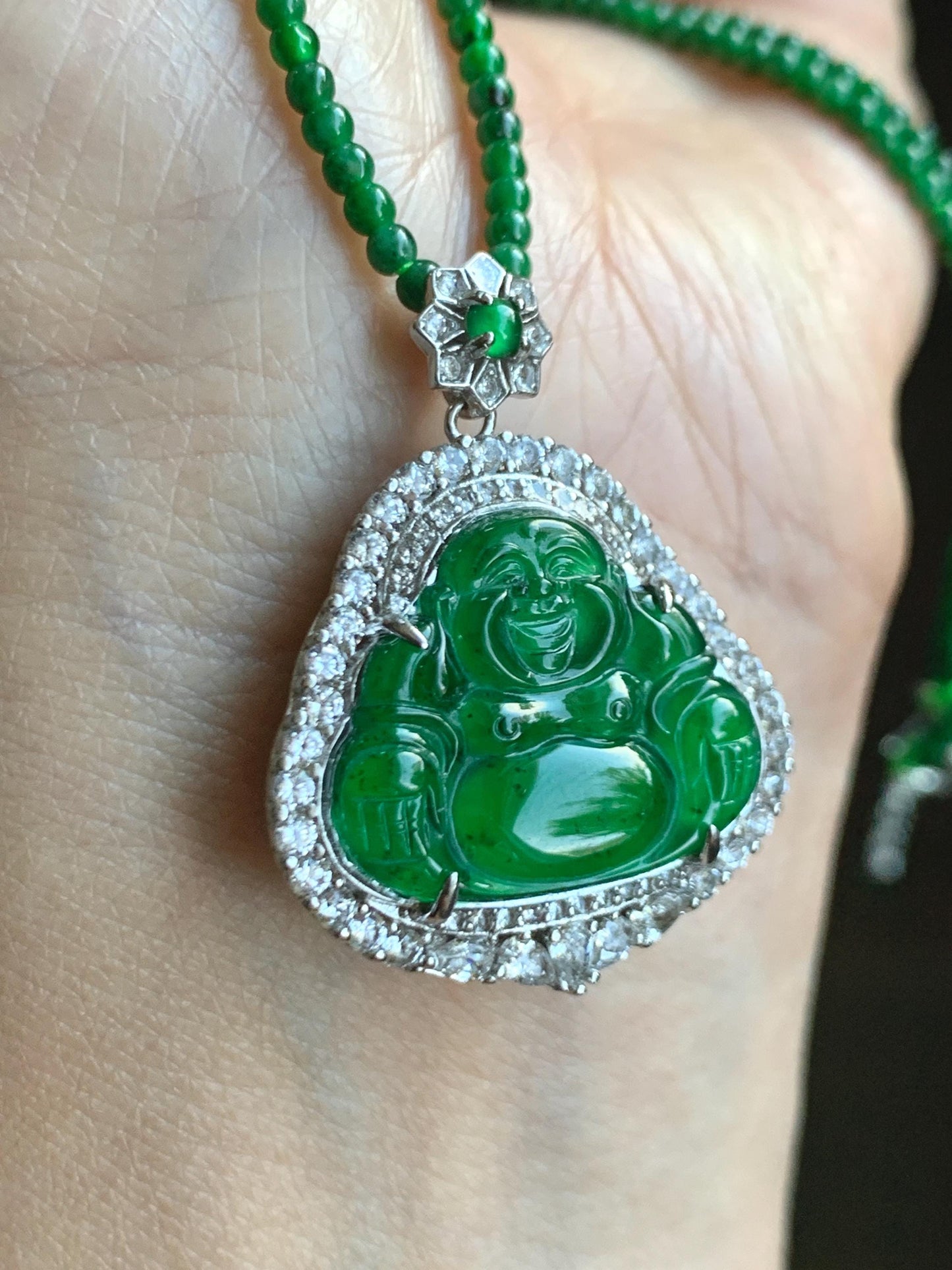 Certified Natural Guatemalan Icy Translucent Vibrant Green Jade Jadeite Buddha Pendant Sterling Silver Beaded Necklace 天然冰危绿翡翠佛公吊坠绿翡翠珠项链 755
