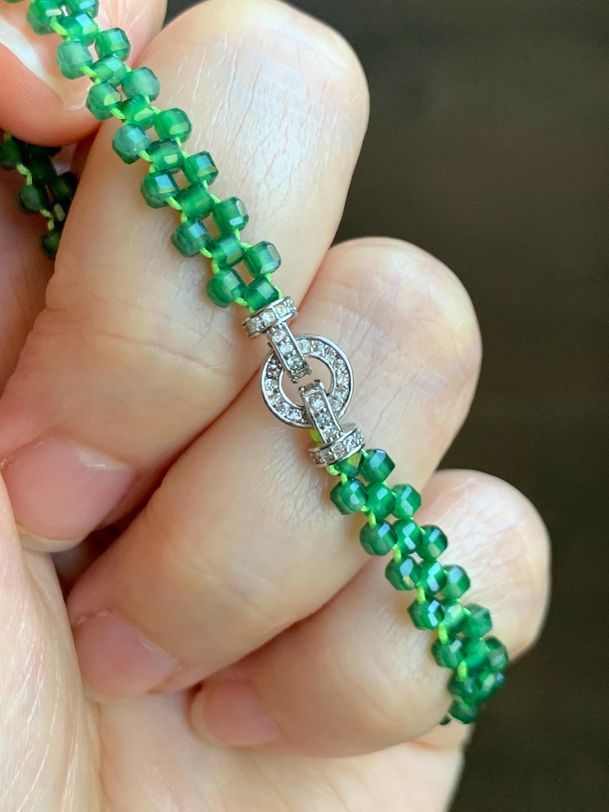 Certified Grade A Guatemalan Icy Translucent Vibrant Green Jade Jadeite Petite Faceted Beads Beaded Bracelet 6.25” 天然冰危绿翡翠小卡切割面方珠手串 0769