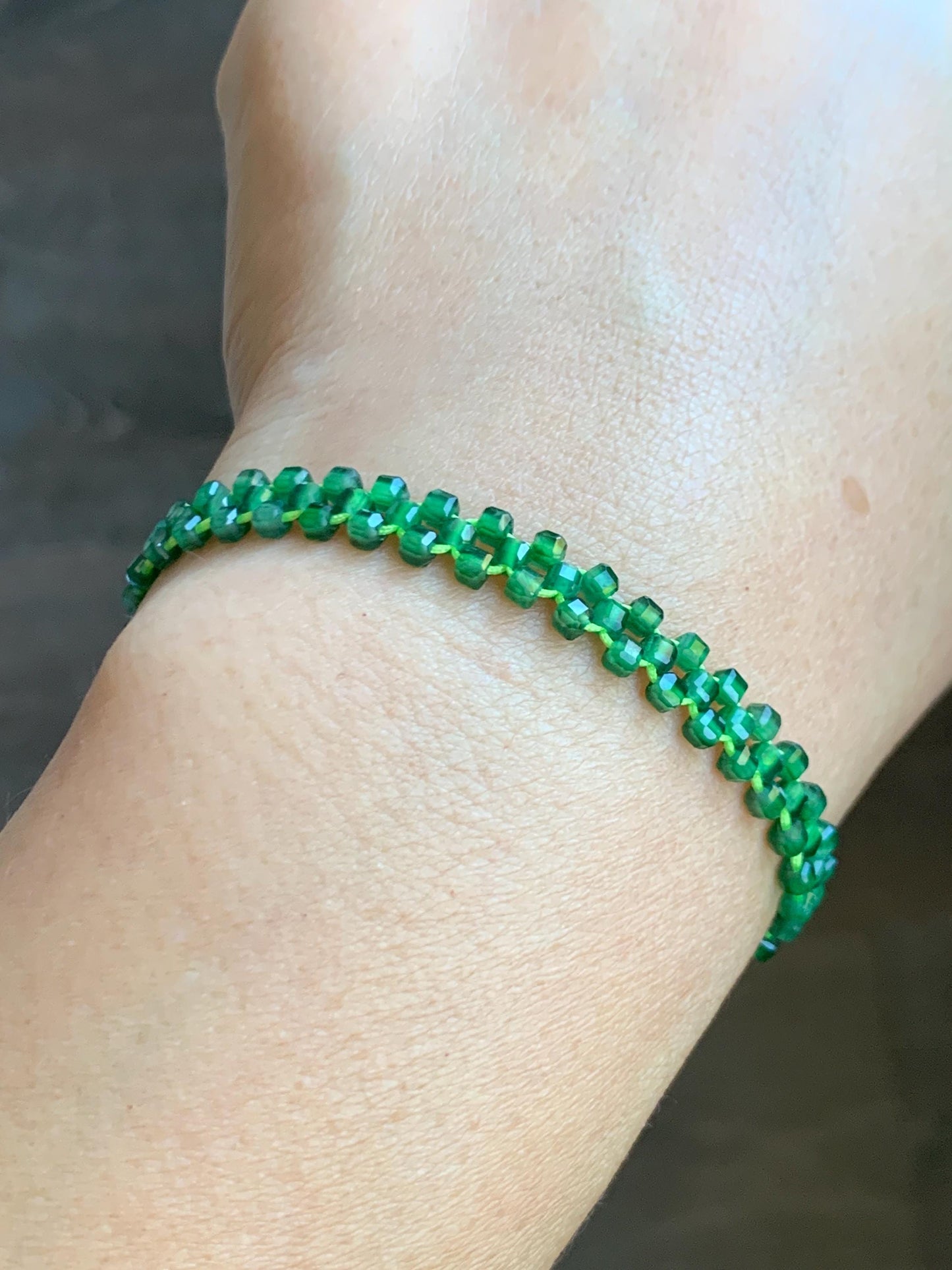 Certified Grade A Guatemalan Icy Translucent Vibrant Green Jade Jadeite Petite Faceted Beads Beaded Bracelet 6.25” 天然冰危绿翡翠小卡切割面方珠手串 0769