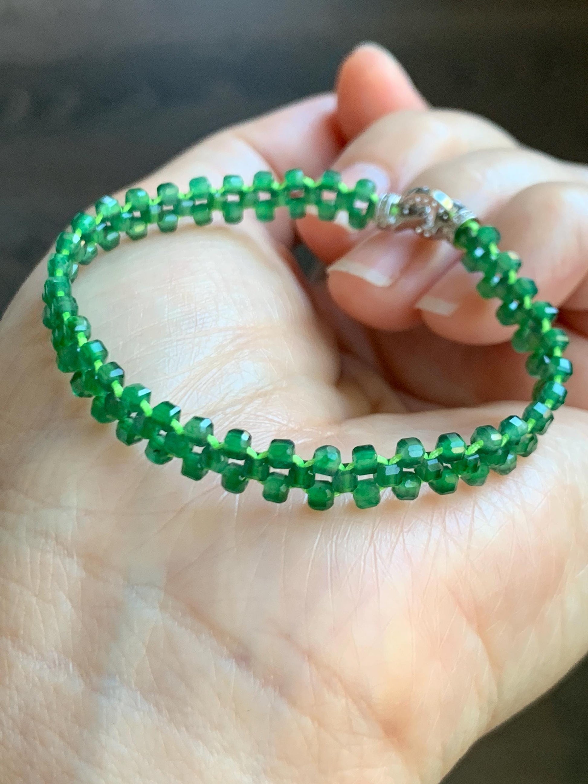 Certified Grade A Guatemalan Icy Translucent Vibrant Green Jade Jadeite Petite Faceted Beads Beaded Bracelet 6.25” 天然冰危绿翡翠小卡切割面方珠手串 0769