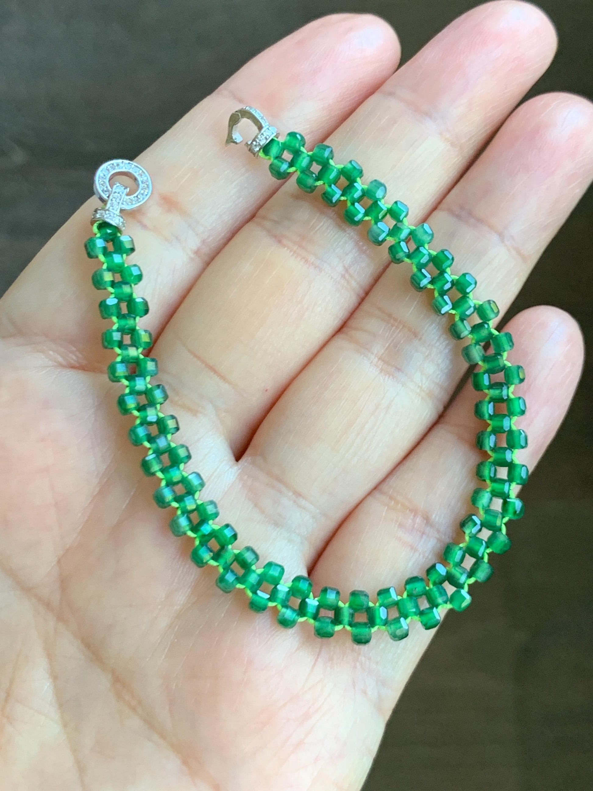 Certified Grade A Guatemalan Icy Translucent Vibrant Green Jade Jadeite Petite Faceted Beads Beaded Bracelet 6.25” 天然冰危绿翡翠小卡切割面方珠手串 0769