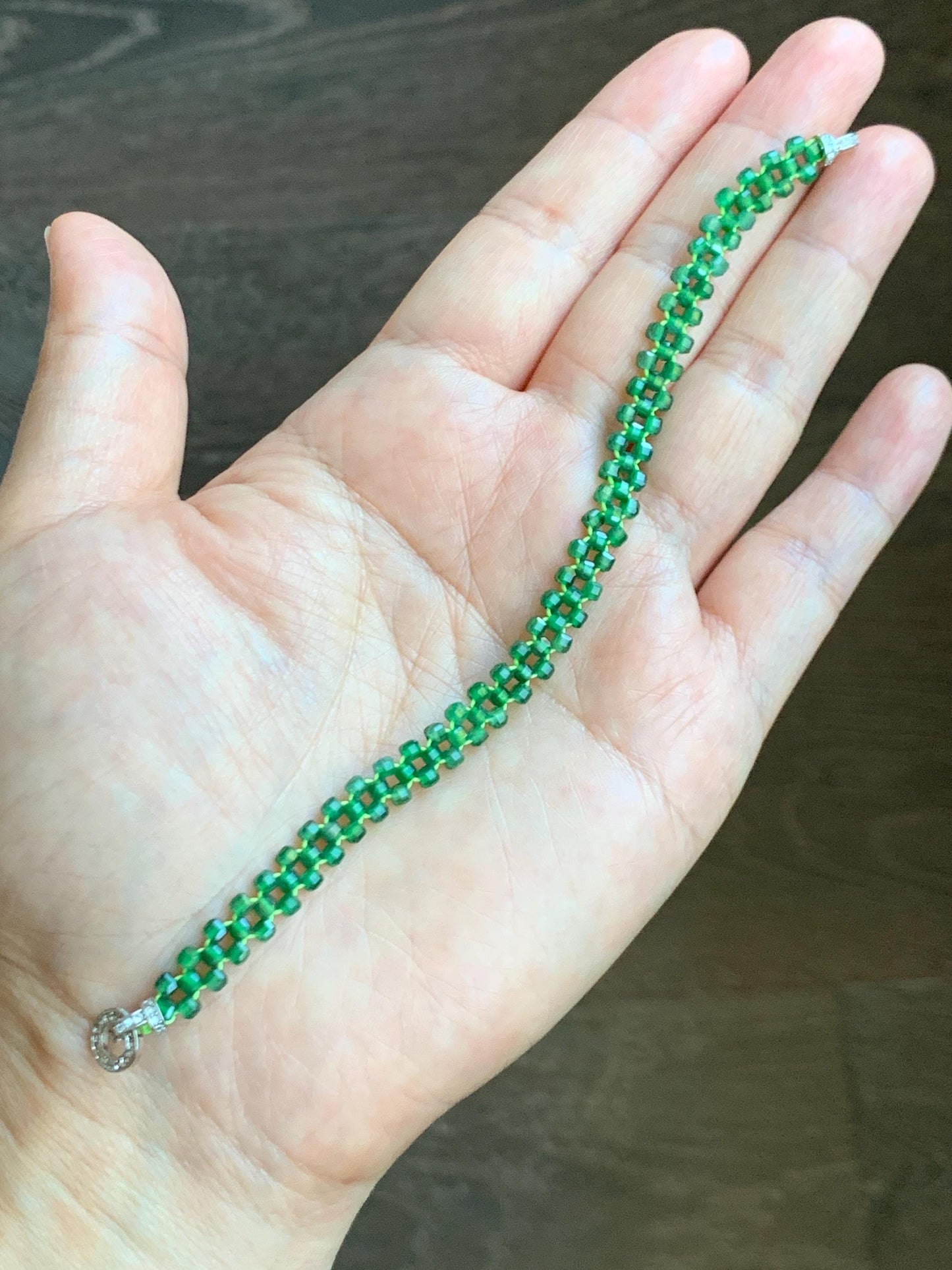 Certified Grade A Guatemalan Icy Translucent Vibrant Green Jade Jadeite Petite Faceted Beads Beaded Bracelet 6.25” 天然冰危绿翡翠小卡切割面方珠手串 0769