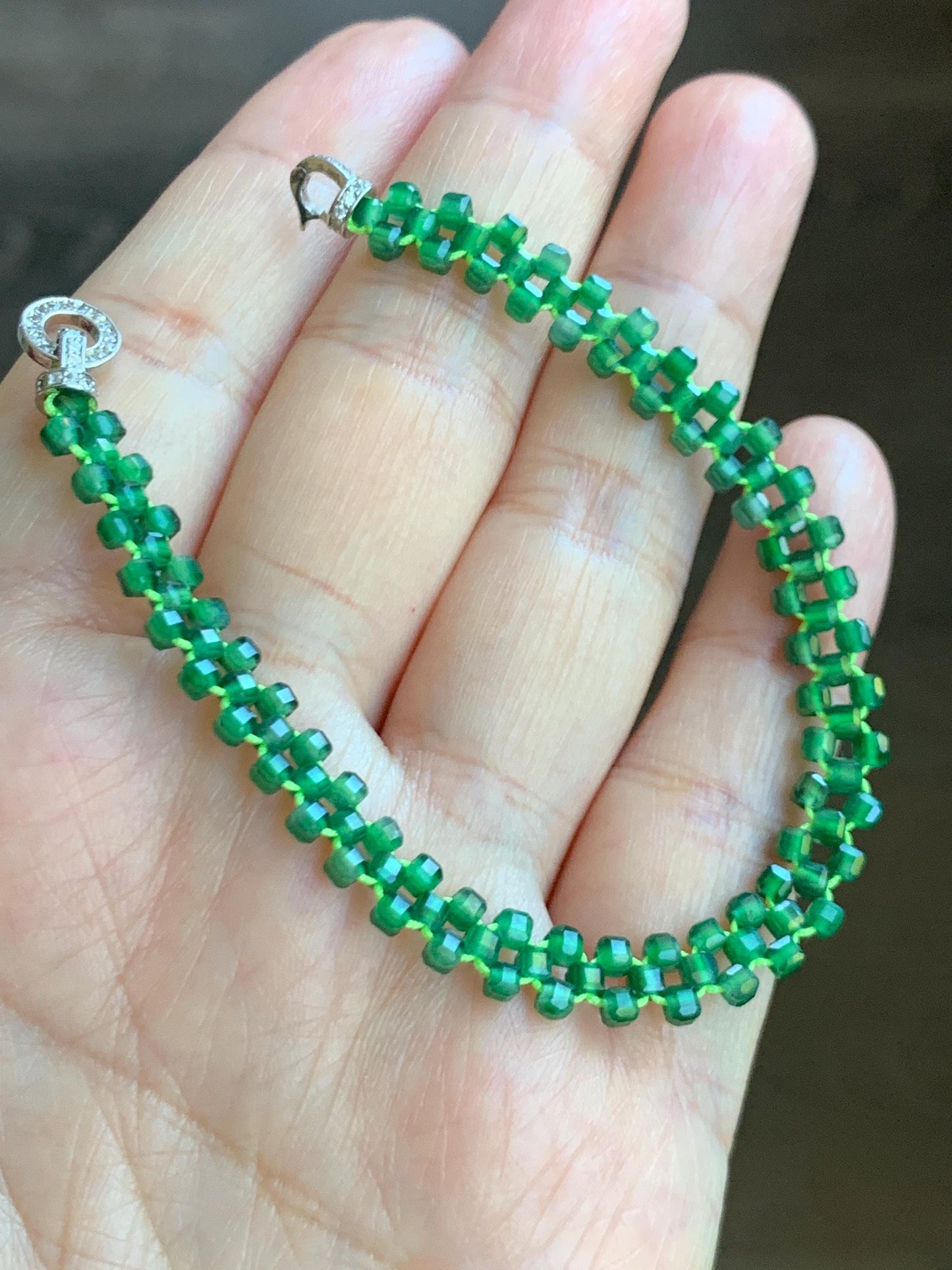 Certified Grade A Guatemalan Icy Translucent Vibrant Green Jade Jadeite Petite Faceted Beads Beaded Bracelet 6.25” 天然冰危绿翡翠小卡切割面方珠手串 0769