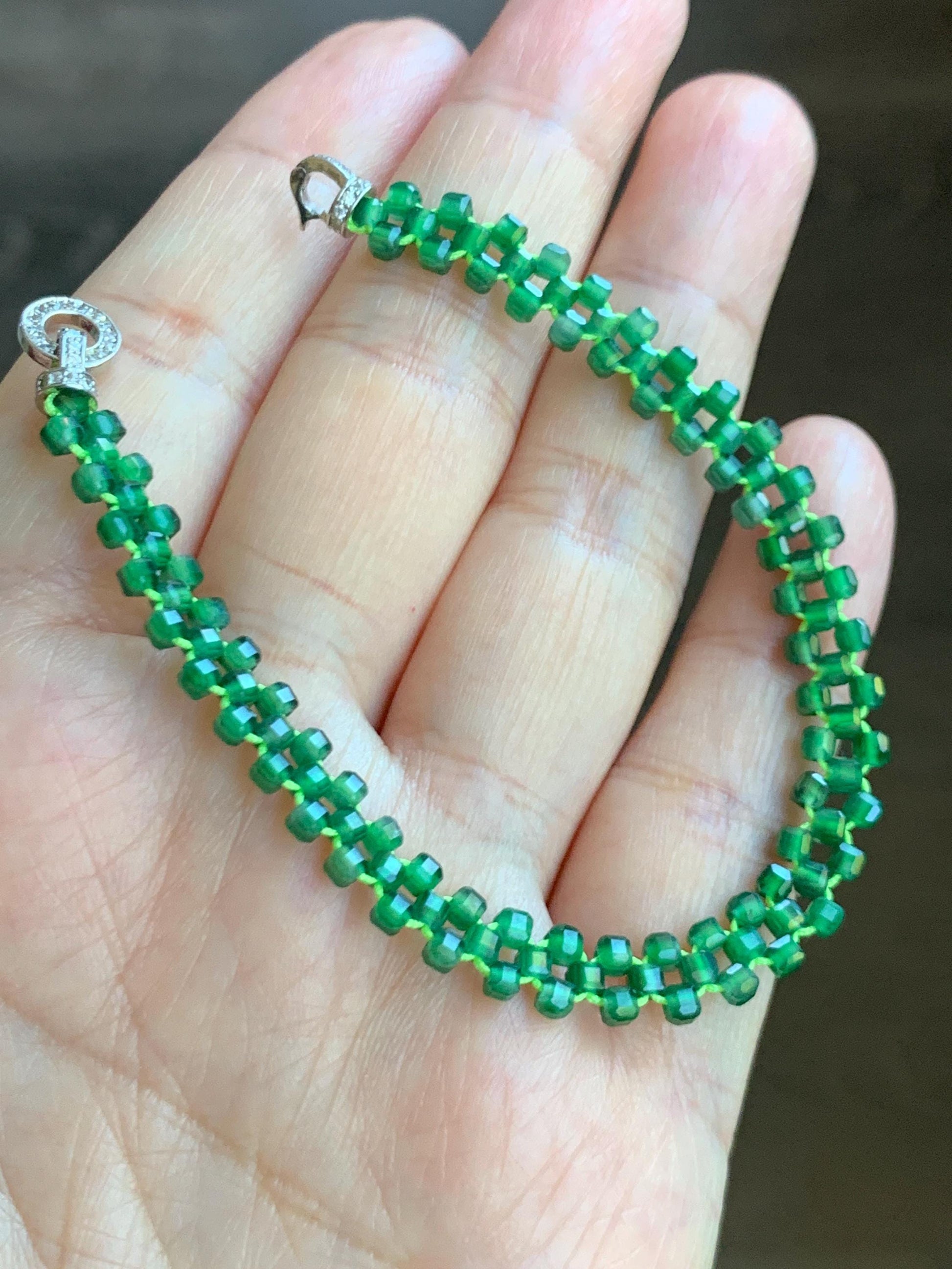 Certified Grade A Guatemalan Icy Translucent Vibrant Green Jade Jadeite Petite Faceted Beads Beaded Bracelet 6.25” 天然冰危绿翡翠小卡切割面方珠手串 0769