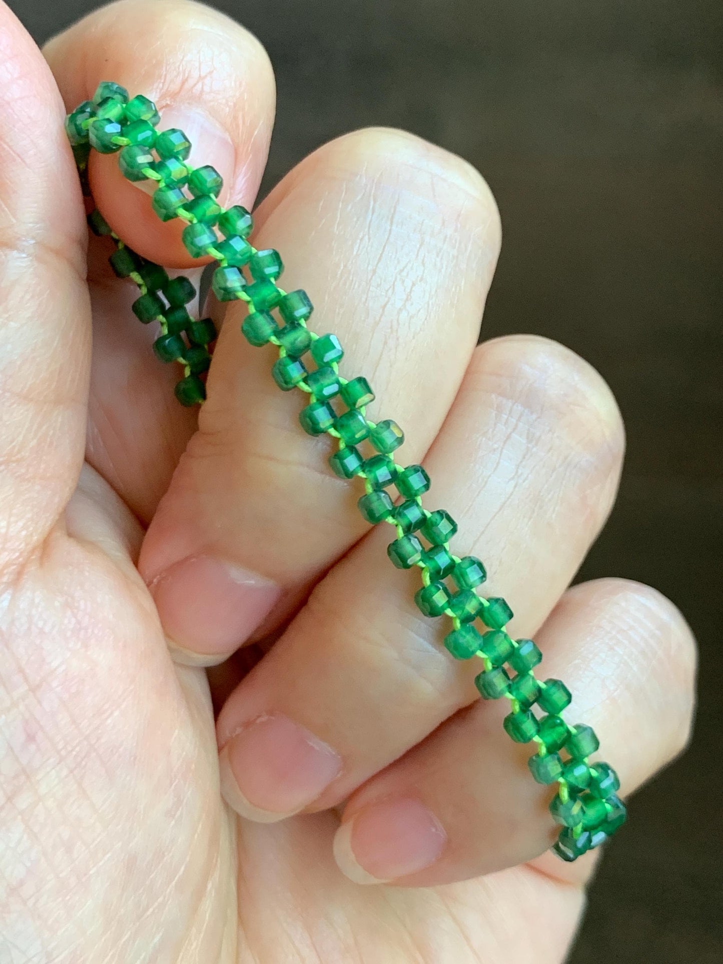 Certified Grade A Guatemalan Icy Translucent Vibrant Green Jade Jadeite Petite Faceted Beads Beaded Bracelet 6.25” 天然冰危绿翡翠小卡切割面方珠手串 0769