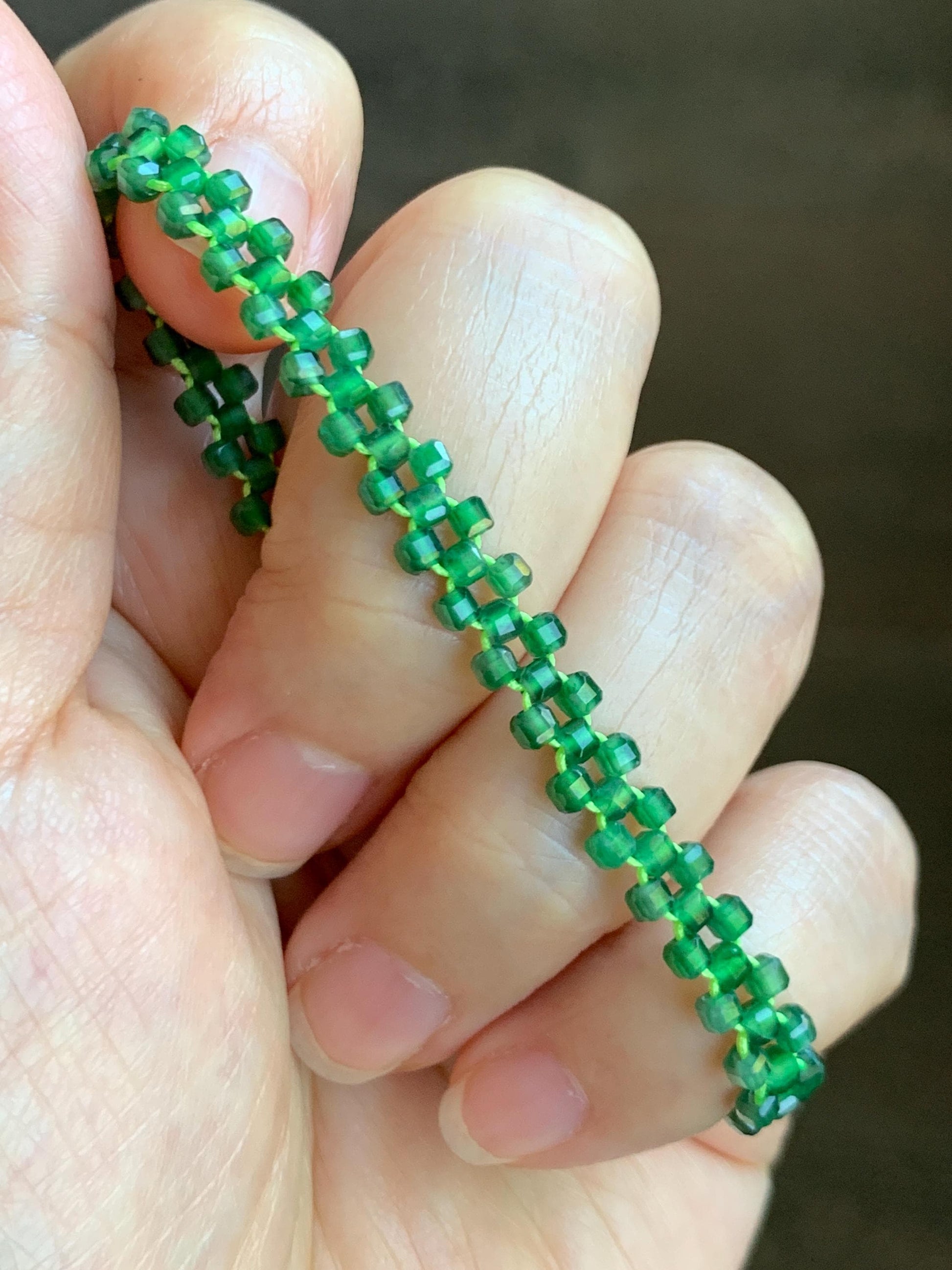 Certified Grade A Guatemalan Icy Translucent Vibrant Green Jade Jadeite Petite Faceted Beads Beaded Bracelet 6.25” 天然冰危绿翡翠小卡切割面方珠手串 0769