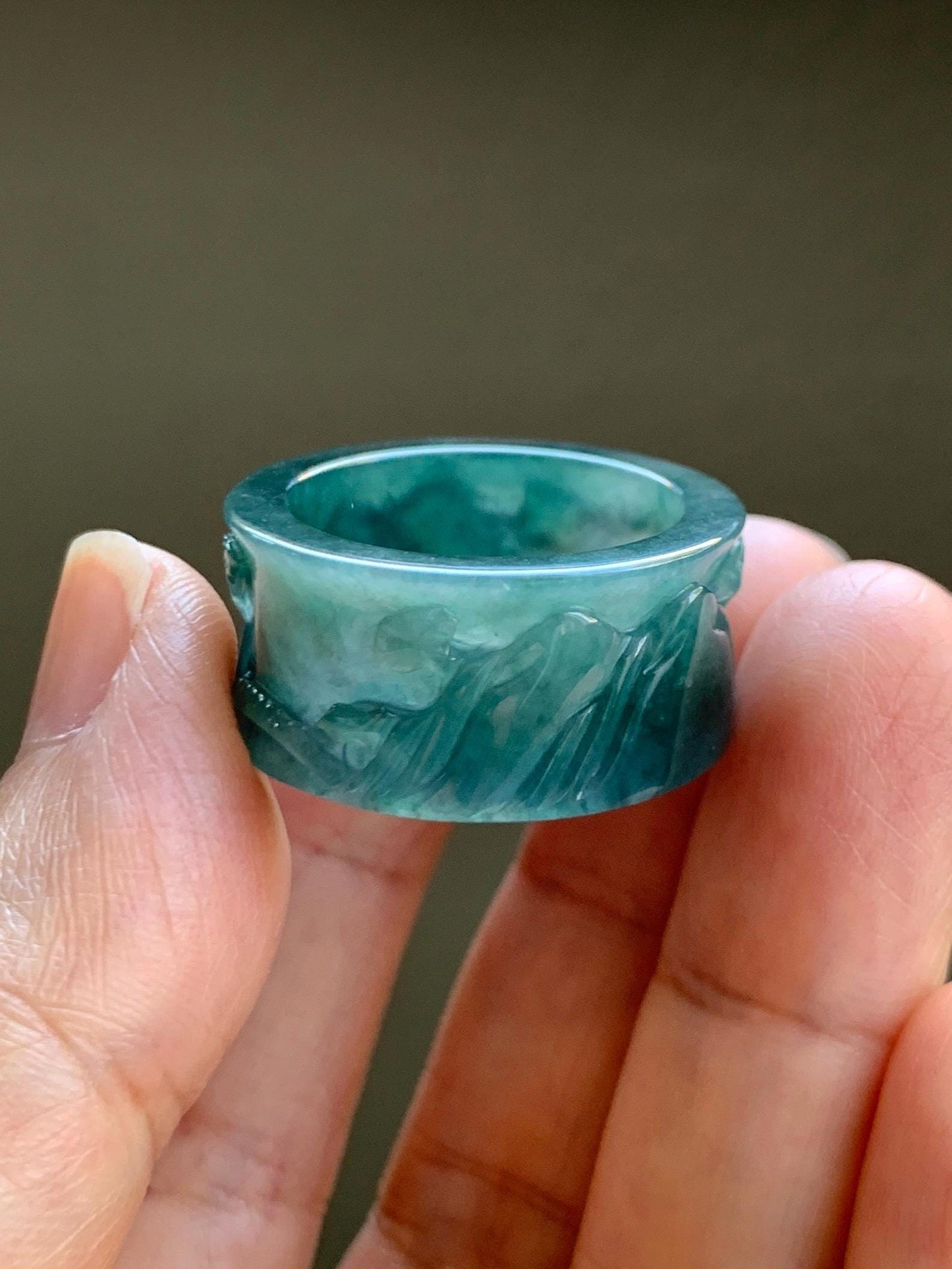 Natural Grade A Guatemalan Icy Highly Translucent Dark Teal Blue Teal Green Jade Jadeite Engraved Band Ring Size 10 US 8g 天然冰危深蓝翡翠山水戒圈 SHBZA