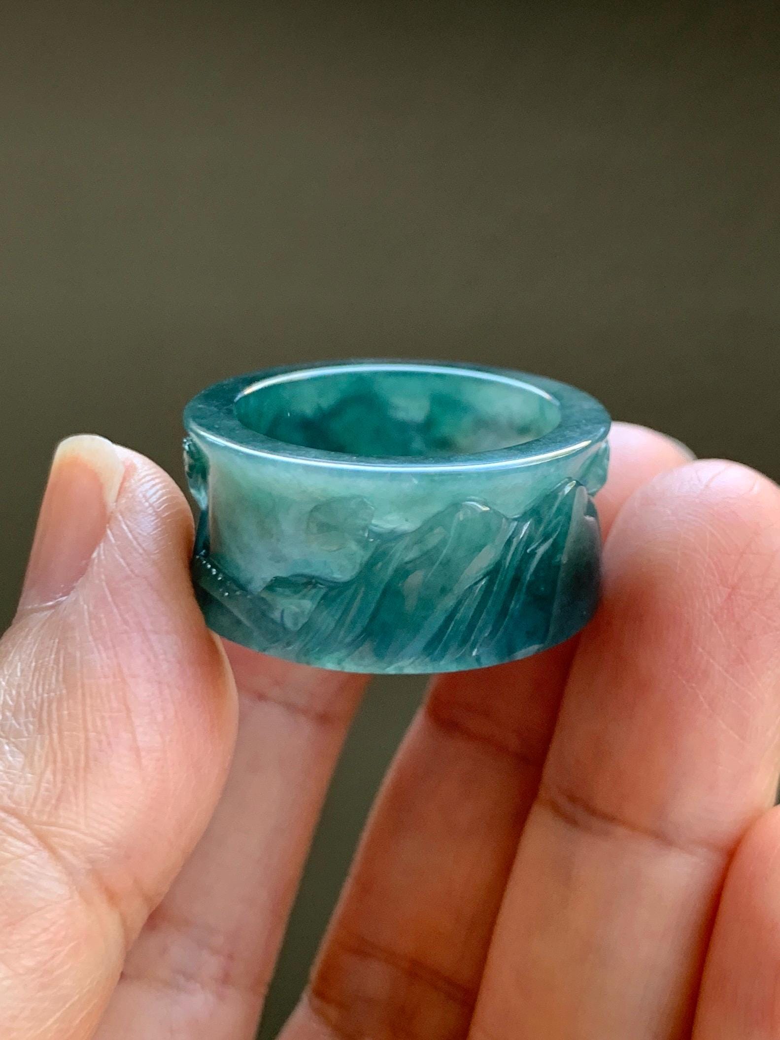 Natural Grade A Guatemalan Icy Highly Translucent Dark Teal Blue Teal Green Jade Jadeite Engraved Band Ring Size 10 US 8g 天然冰危深蓝翡翠山水戒圈 SHBZA