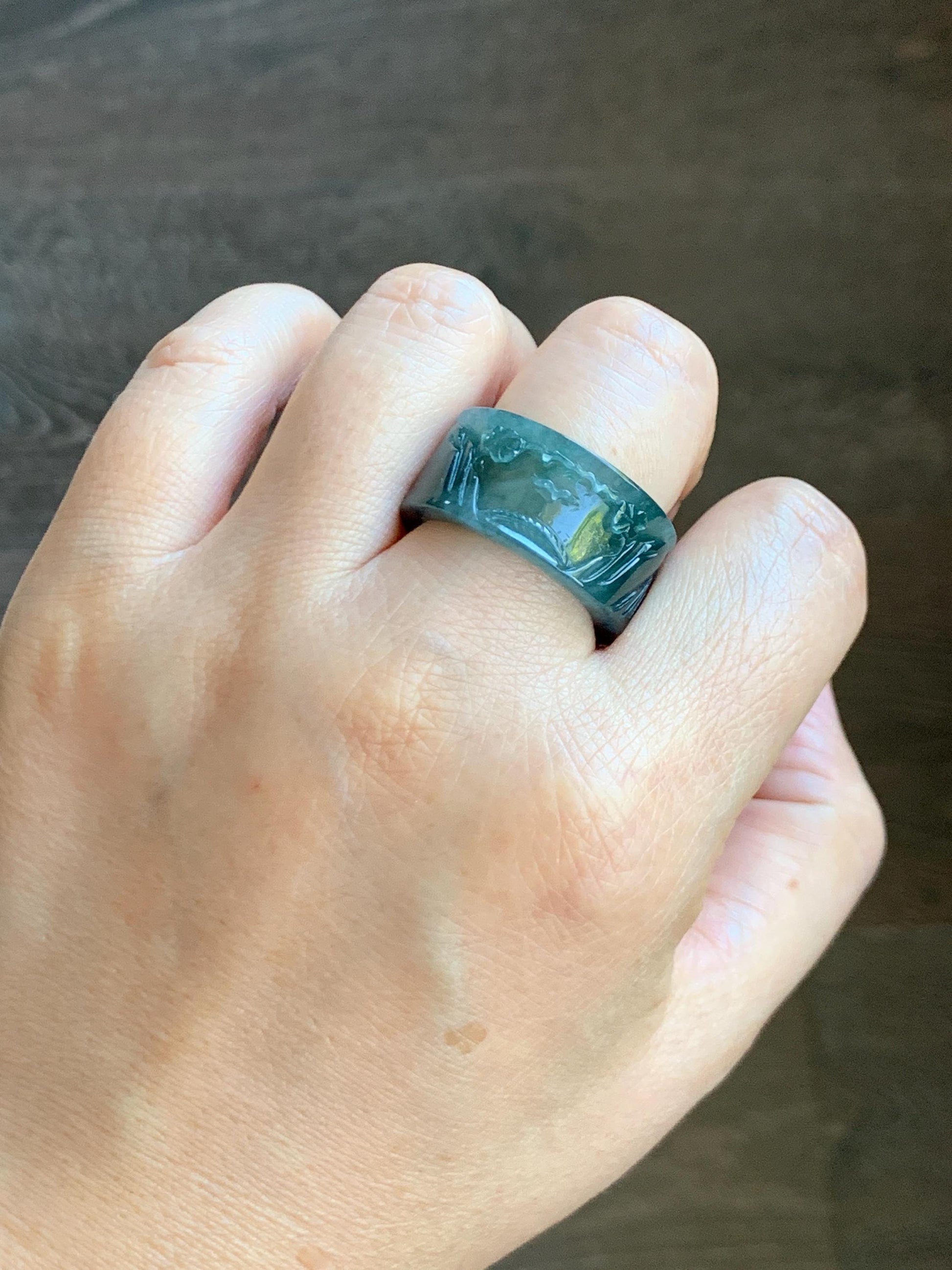 Natural Grade A Guatemalan Icy Highly Translucent Dark Teal Blue Teal Green Jade Jadeite Engraved Band Ring Size 10 US 8g 天然冰危深蓝翡翠山水戒圈 SHBZA