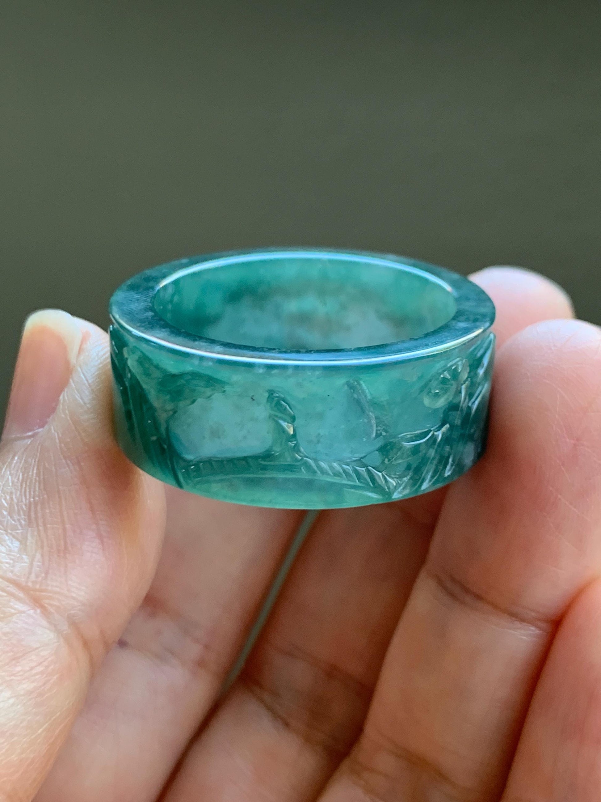 Natural Grade A Guatemalan Icy Translucent Dark Teal Green Jade Jadeite Engraved Band Ring Size 15 US 10g 天然冰危深蓝绿翡翠山水戒圈 SHBZB