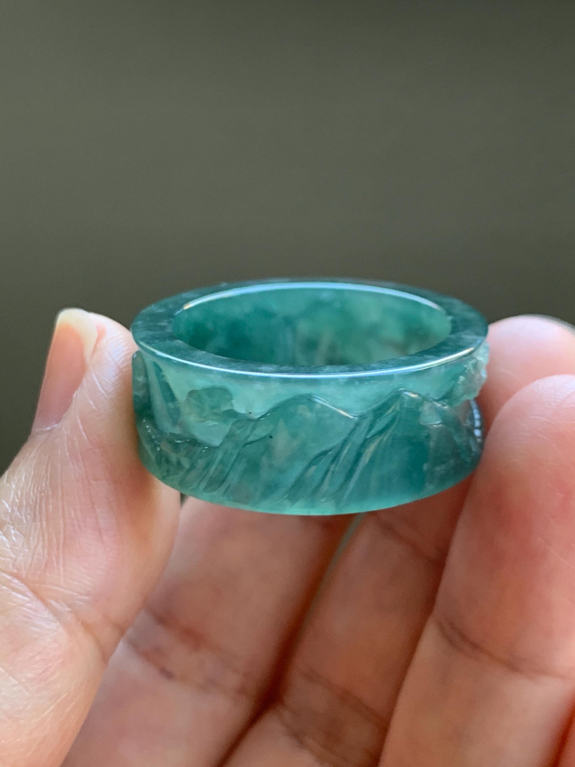Natural Grade A Guatemalan Icy Translucent Dark Teal Green Jade Jadeite Engraved Band Ring Size 15 US 10g 天然冰危深蓝绿翡翠山水戒圈 SHBZB