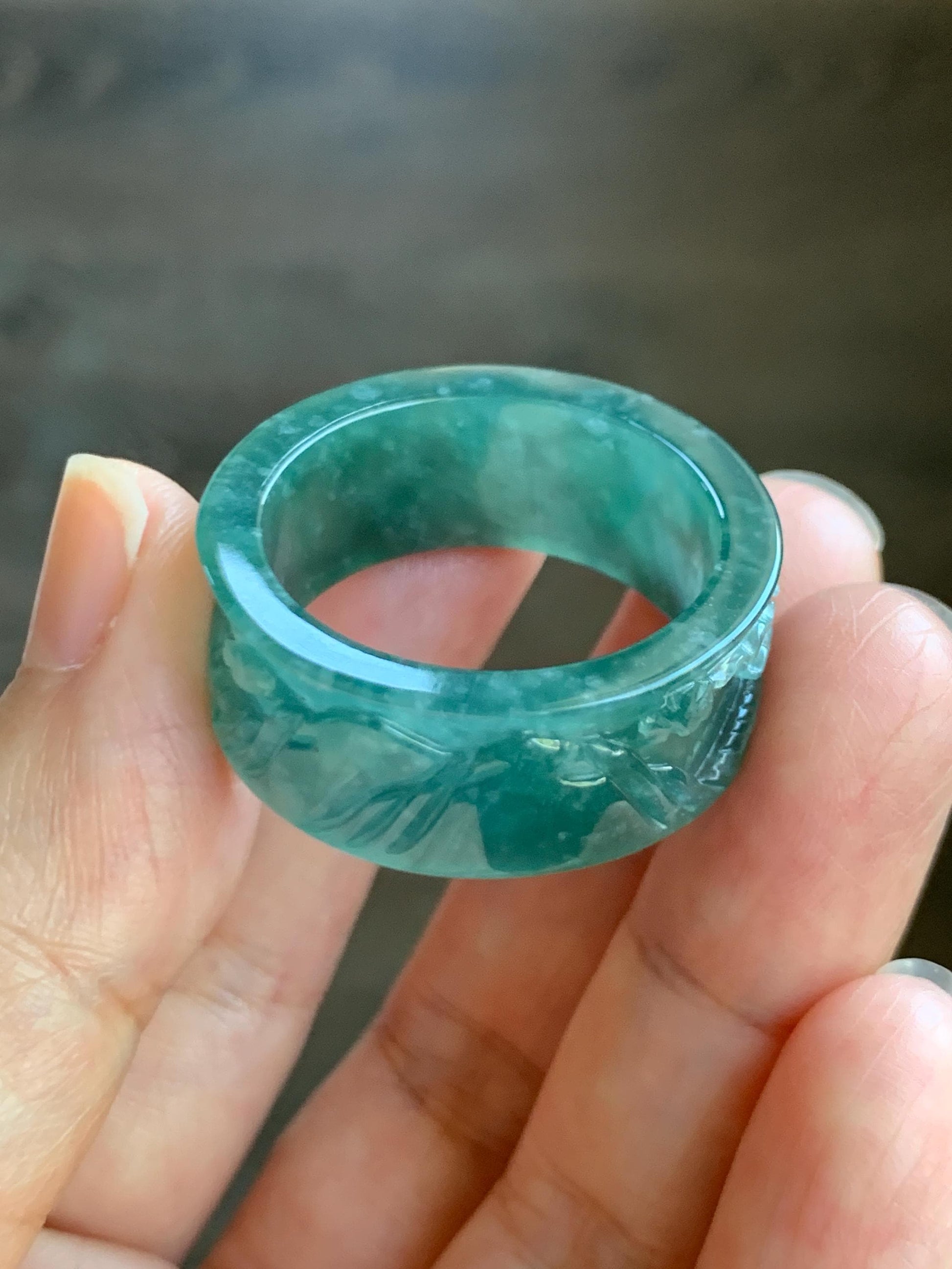 Natural Grade A Guatemalan Icy Translucent Dark Teal Green Jade Jadeite Engraved Band Ring Size 15 US 10g 天然冰危深蓝绿翡翠山水戒圈 SHBZB