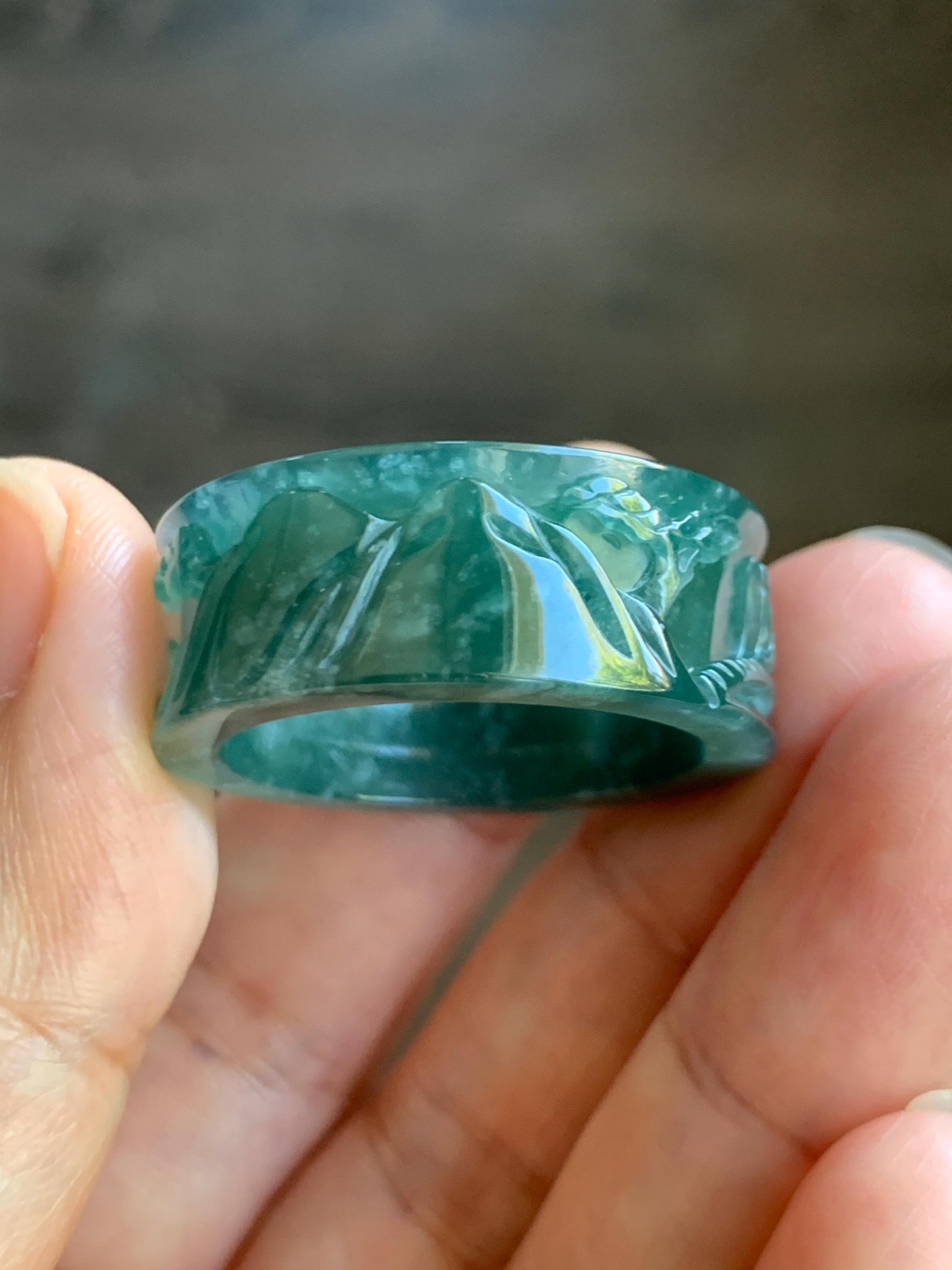Natural Grade A Guatemalan Icy Translucent Dark Teal Green Jade Jadeite Engraved Band Ring Size 15 US 10g 天然冰危深蓝绿翡翠山水戒圈 SHBZB