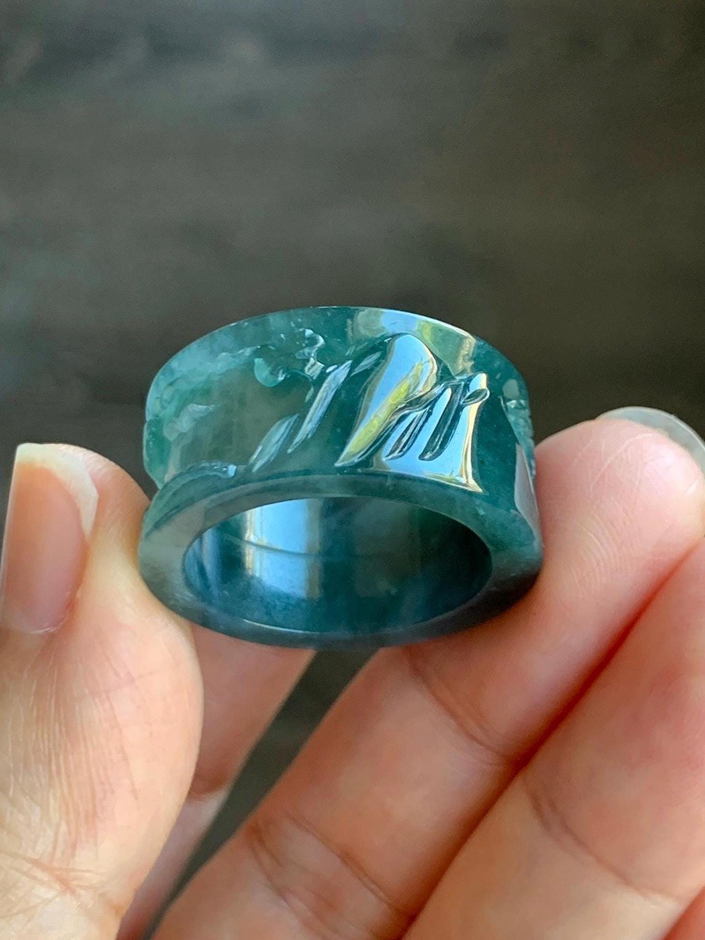 Natural Grade A Guatemalan Icy Highly Translucent Dark Teal Blue Teal Green Jade Jadeite Engraved Band Ring Size 10 US 8g 天然冰危深蓝翡翠山水戒圈 SHBZA