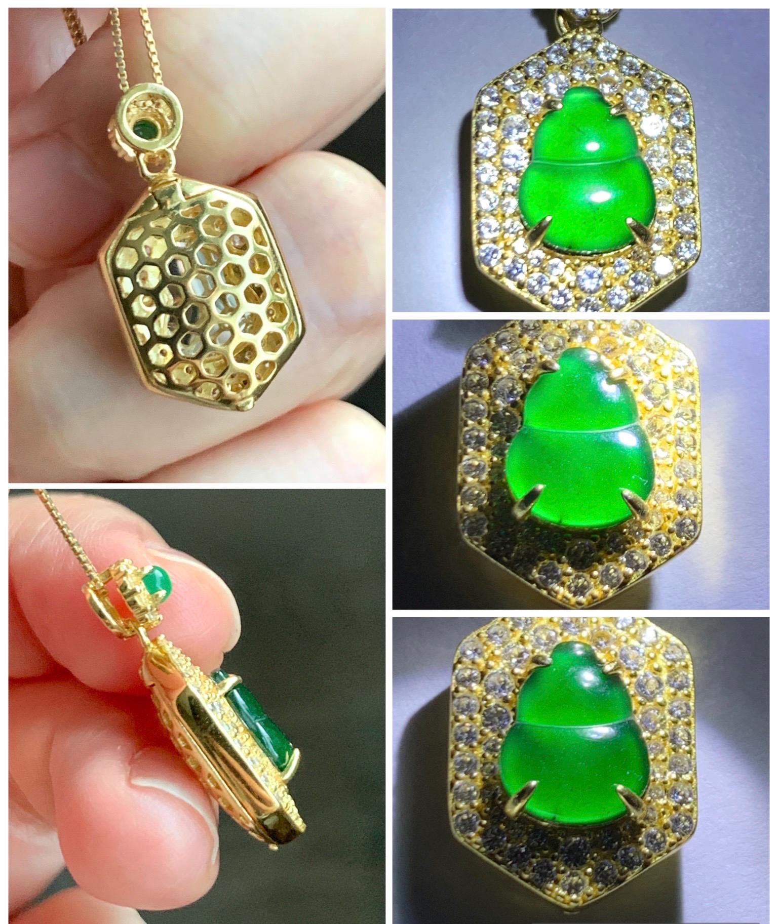 Natural Grade A Guatemalan Icy Translucent Vibrant Green Jade Jadeite Gourd Hulu Pendant Sterling Silver 天然冰危绿翡翠葫芦项链 JWH110A