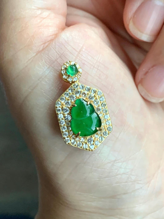 Natural Grade A Guatemalan Icy Translucent Vibrant Green Jade Jadeite Gourd Hulu Pendant Sterling Silver 天然冰危绿翡翠葫芦项链 JWH110A