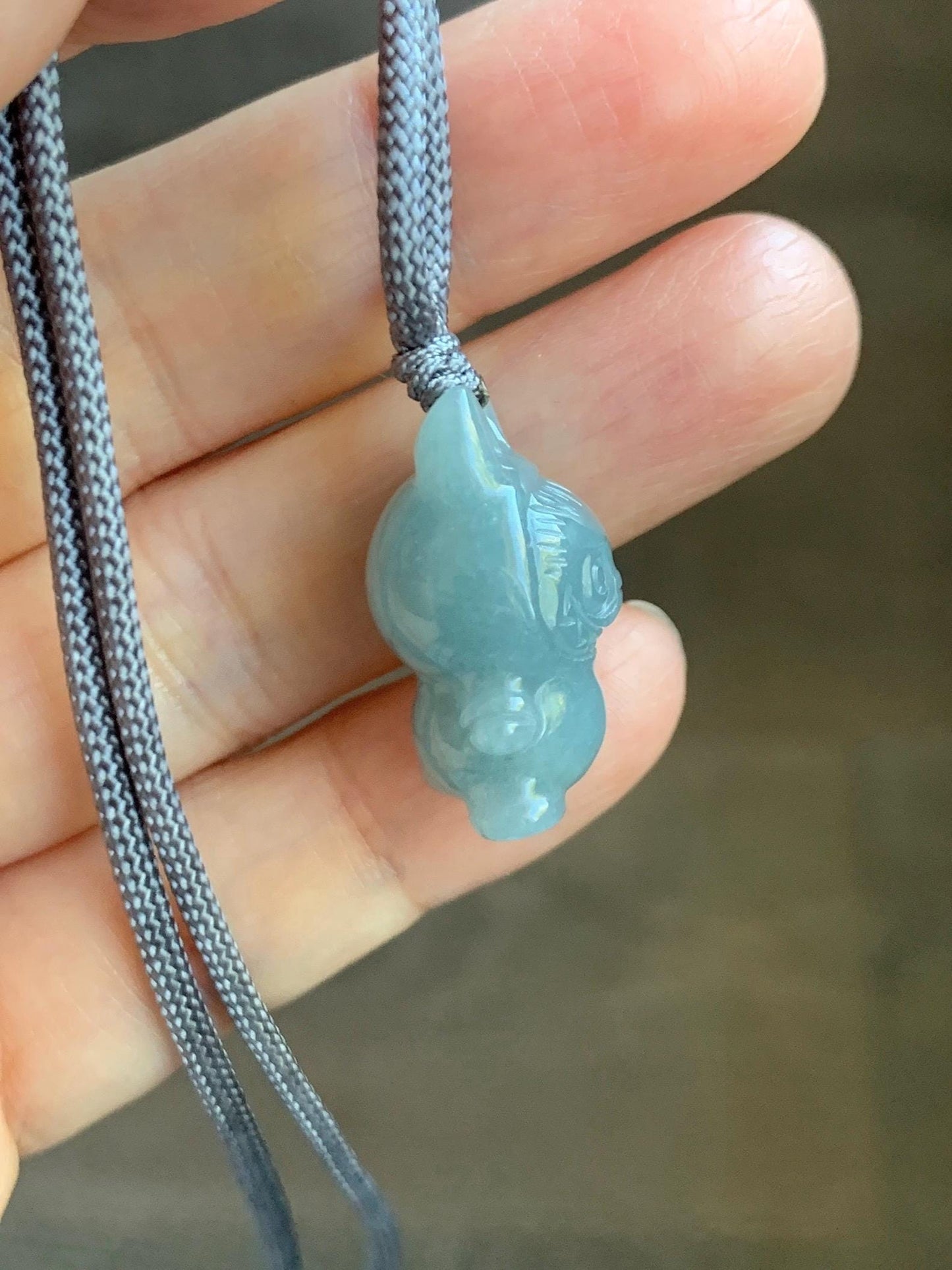 Natural Grade A Icy Translucent Dusty Blue Jade Jadeite Carved Monster Plush Pendant Rope Necklace 26” 9g 天然冰胶灰蓝底翡翠吊坠 DLBB88